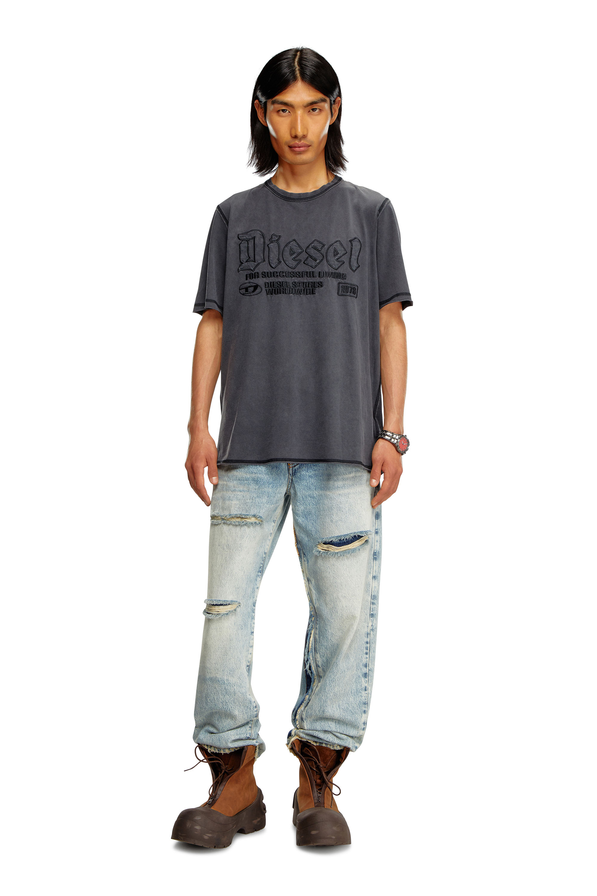 Diesel - T-RAWJUST, Man's Faded T-shirt with tonal embroidery in Black - 2