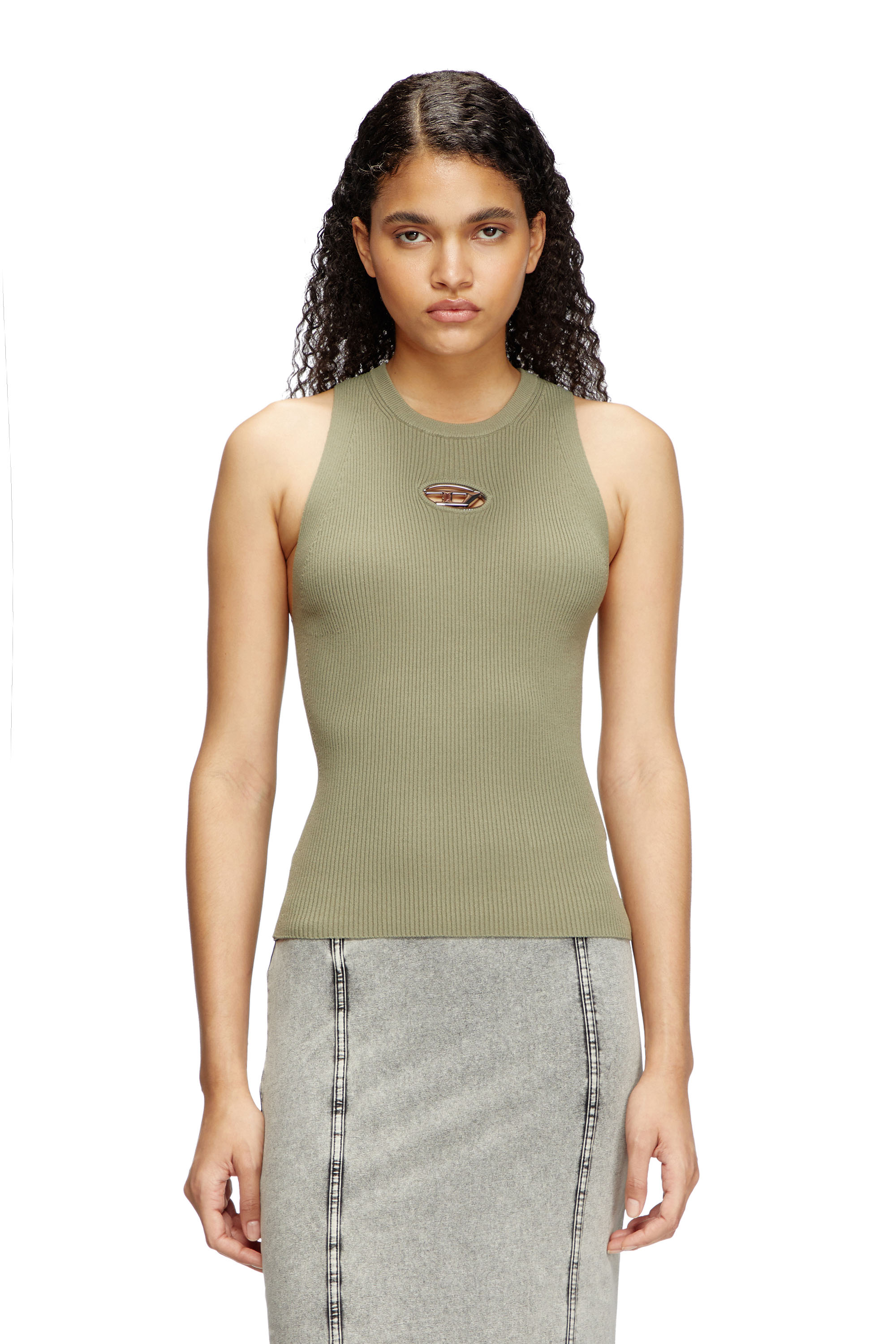 Diesel - M-CADDIX-TOP, Rib-knit top with small logo plaque Mujer in Verde - 1