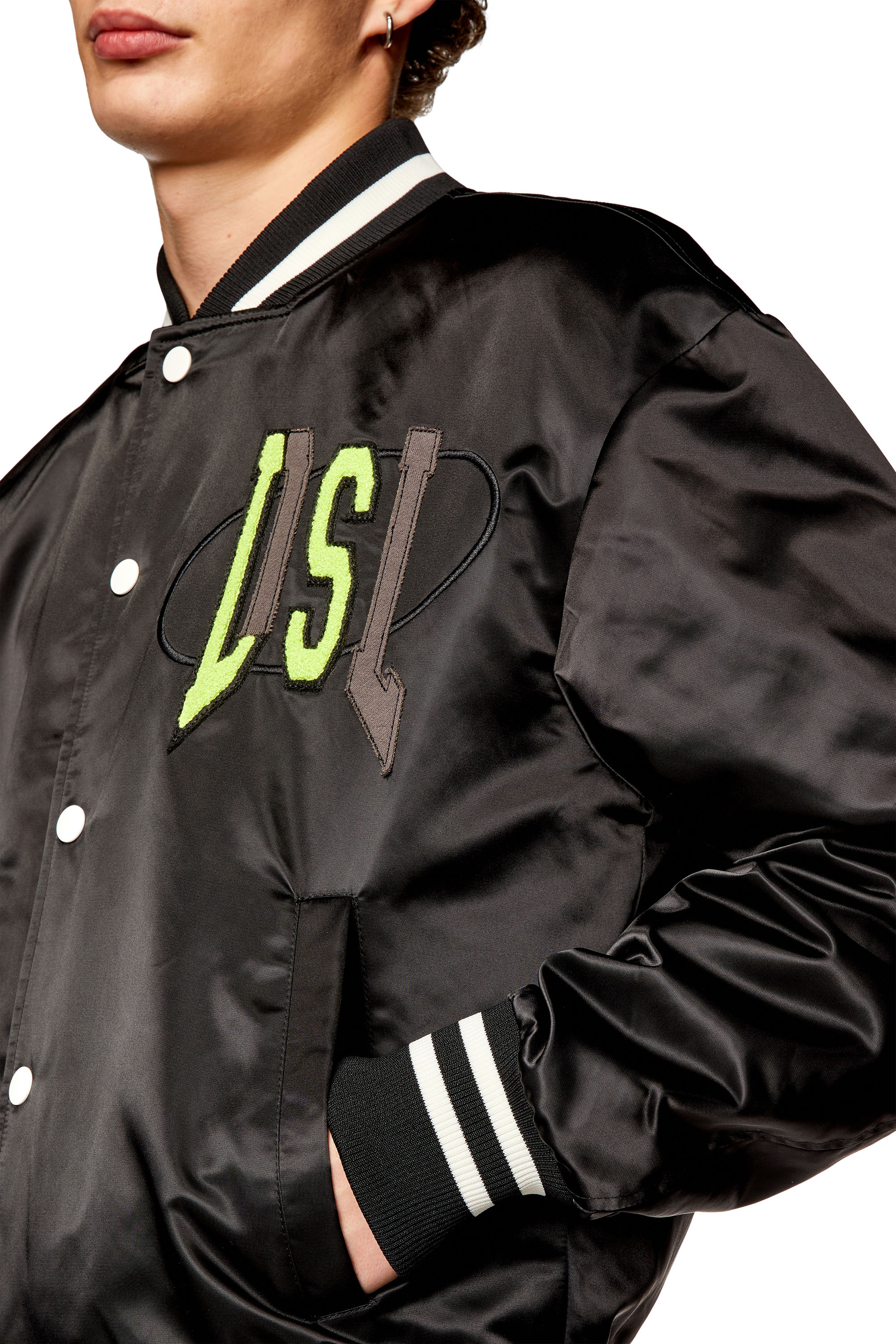 Diesel - J-START, Man's Satin track jacket with LIES patches in Black - 4