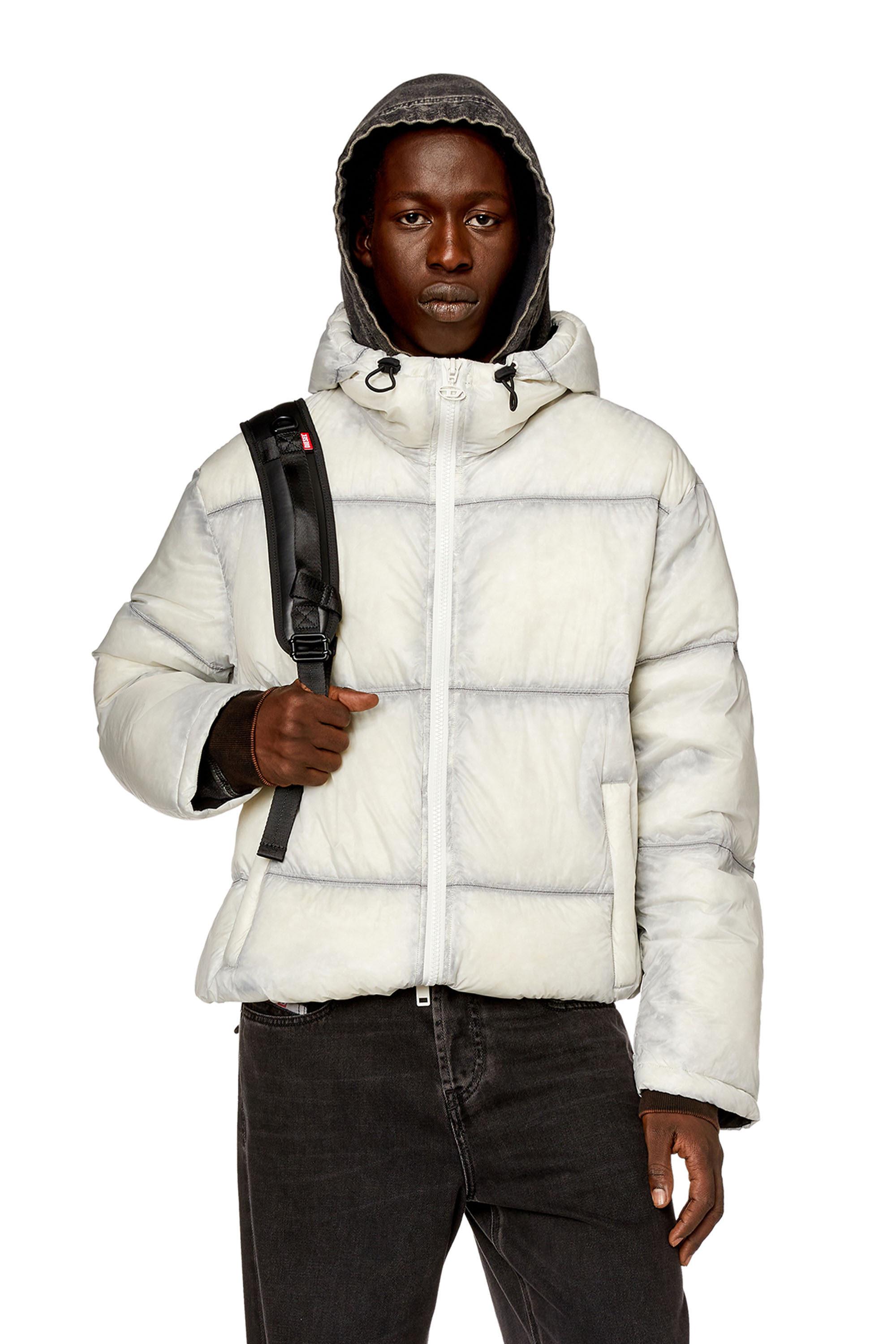 Diesel - W-BASKIN, Man's Hooded down jacket in sheer ripstop in White/Black - 1