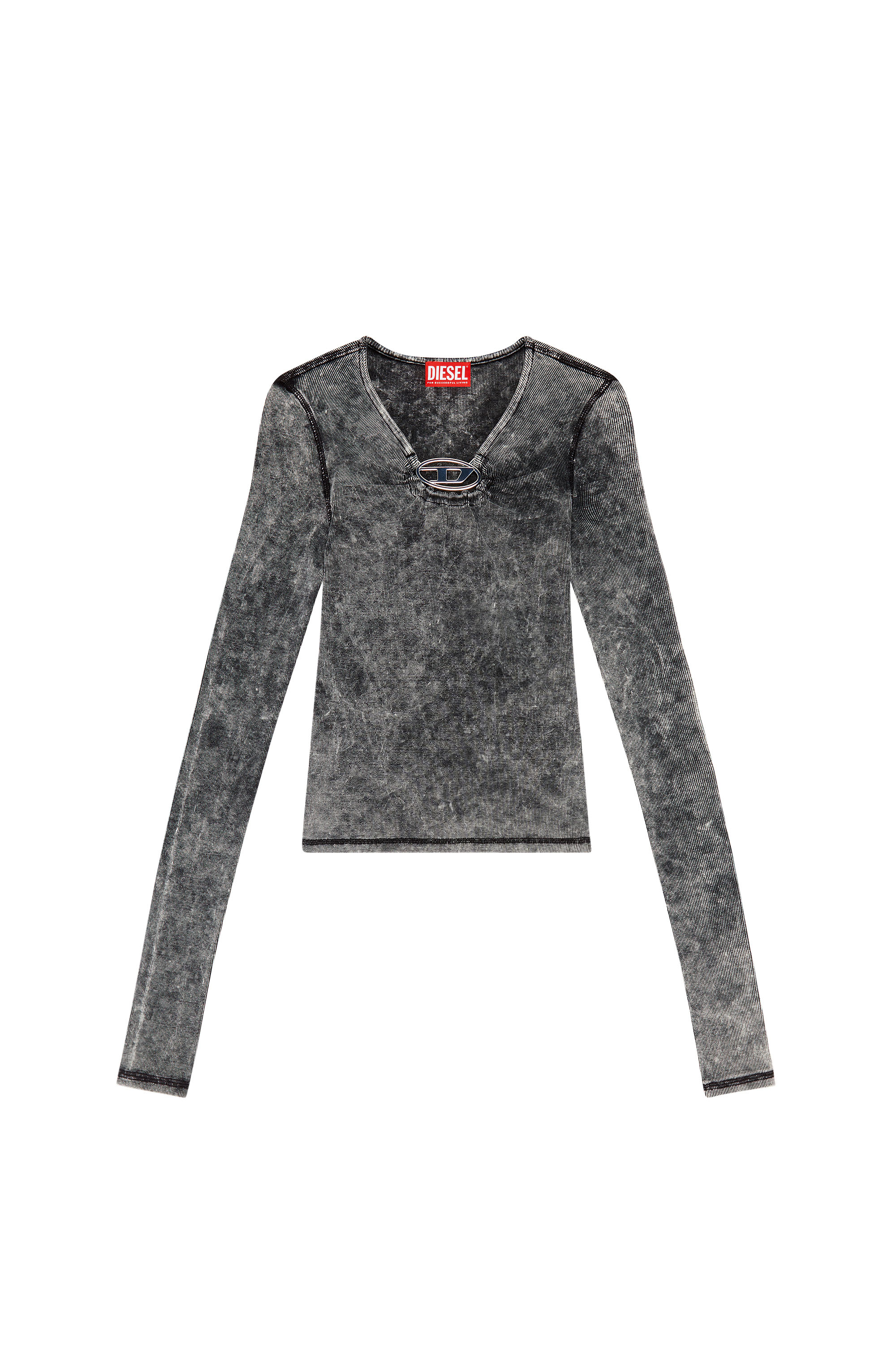 Diesel - T-RESPEC-LS, Top en canalé con placa oval D Mujer in Gris - 4