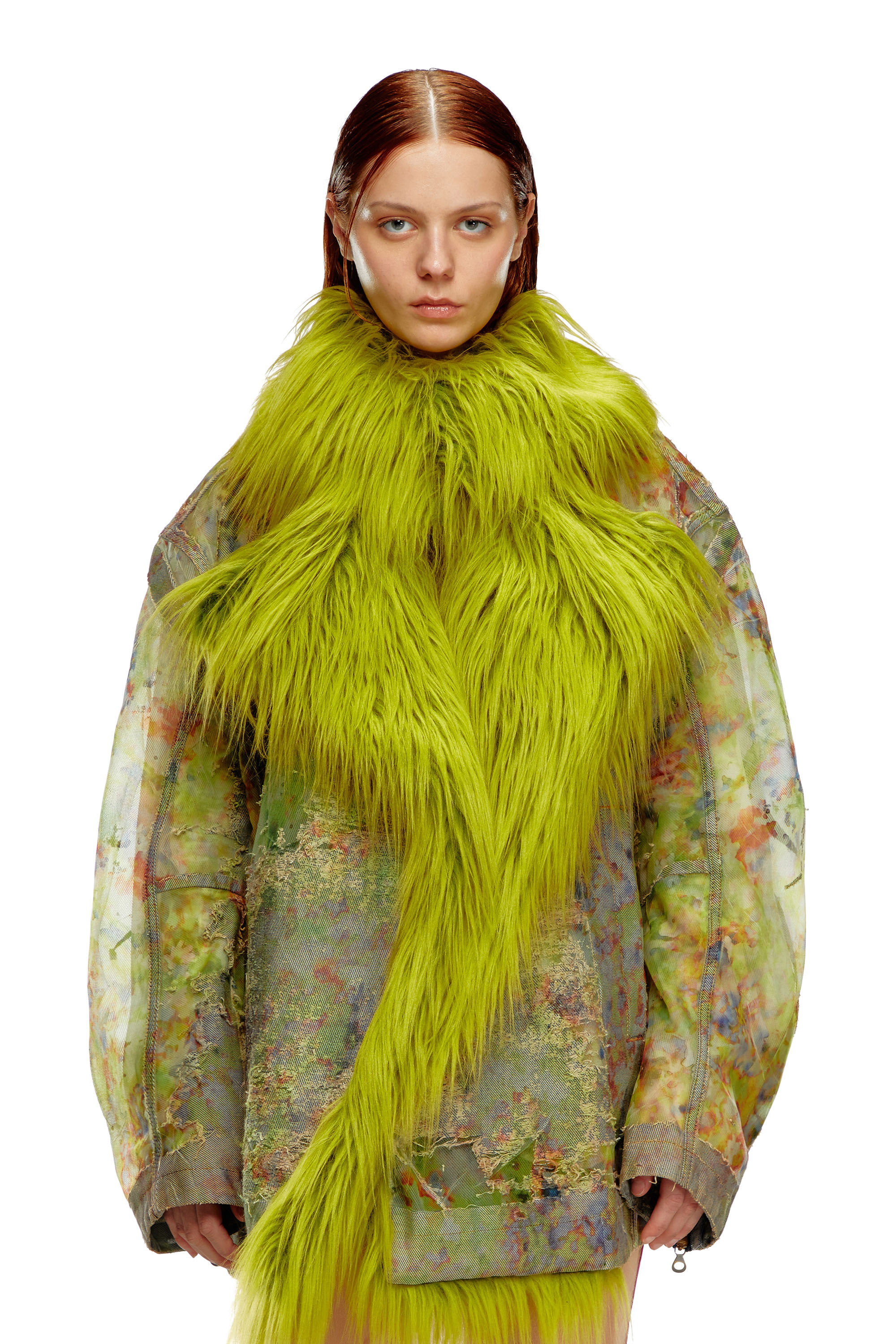 Diesel - DE-BIKA-FSE, Woman's Printed devoré jacket with shaggy collar in Green - 5