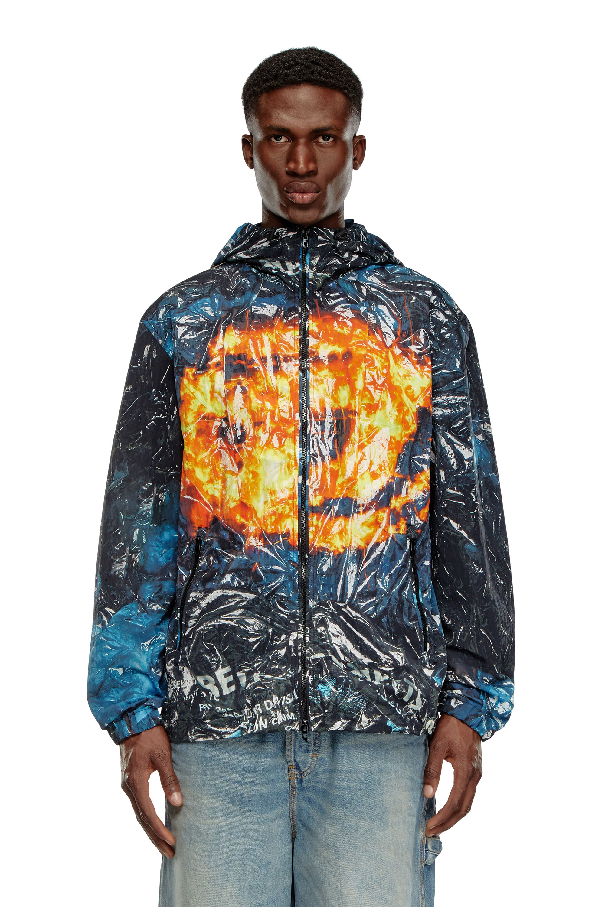 Diesel - J-WARRETT-POSTER, Man's Hooded windbreaker with poster print in Blue/Black - 5