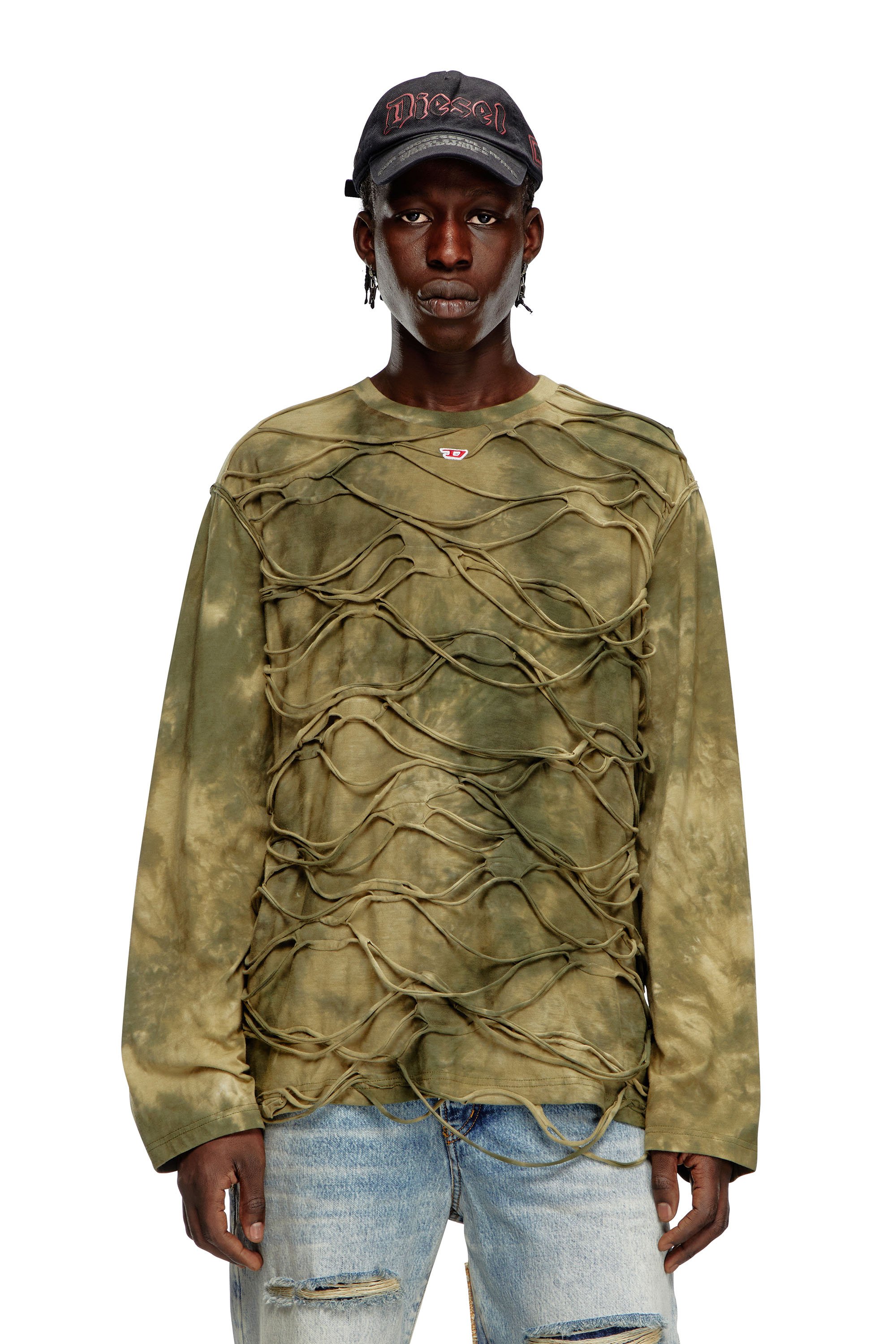 Diesel - T-CRANET-LS, Man's Long-sleeve T-shirt with floating strands in Military Green - 1