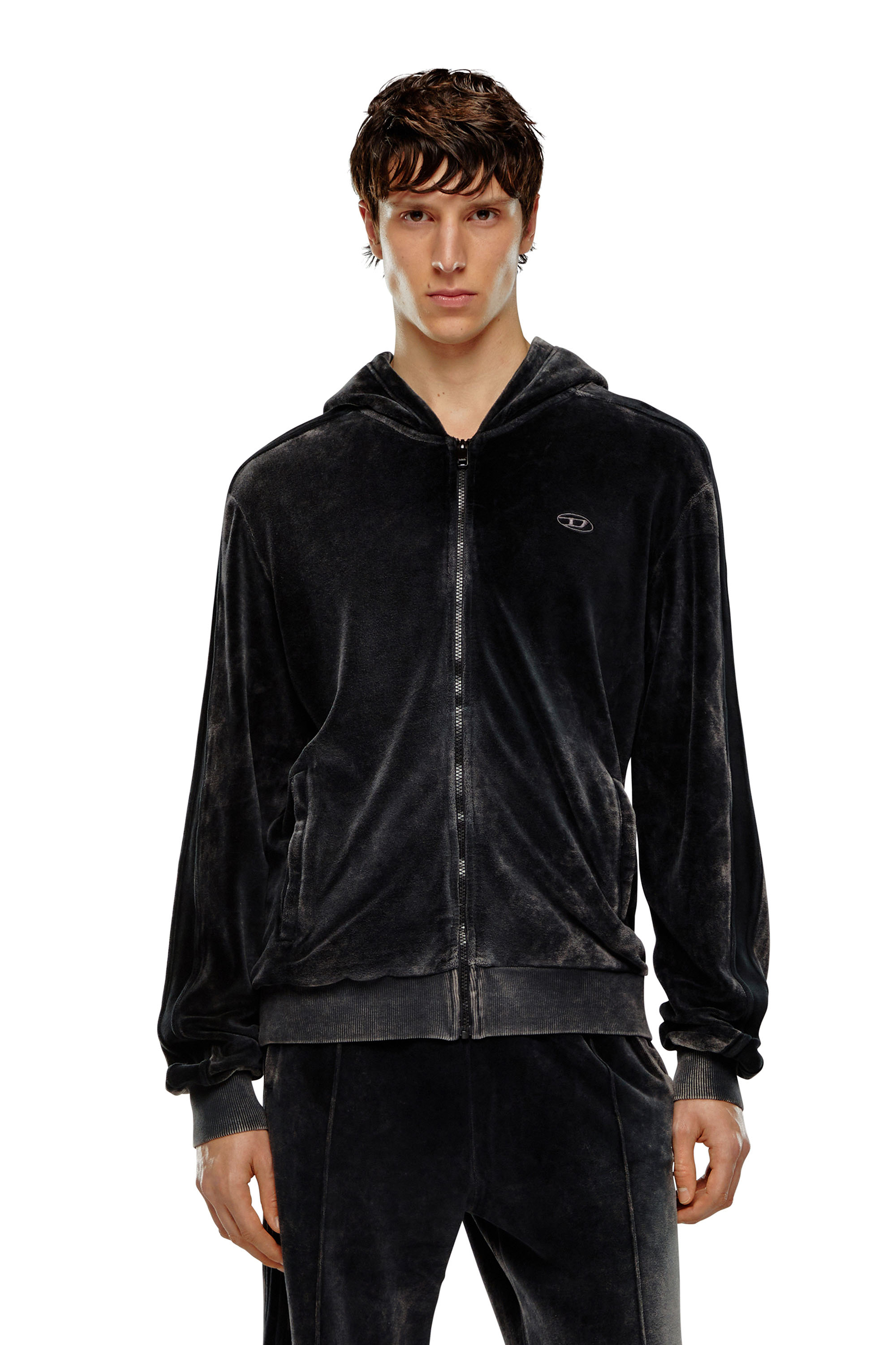 Diesel - S-OCLOCK, Man's Acid-wash chenille zip-up hoodie in Black - 1