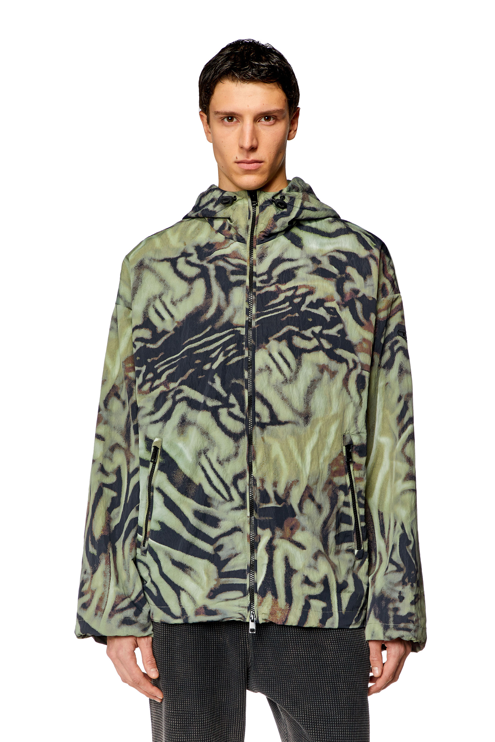 Diesel - J-LEOPOLD-ZEBRA, Man's Nylon windbreaker with camo-zebra print in Military Green - 5