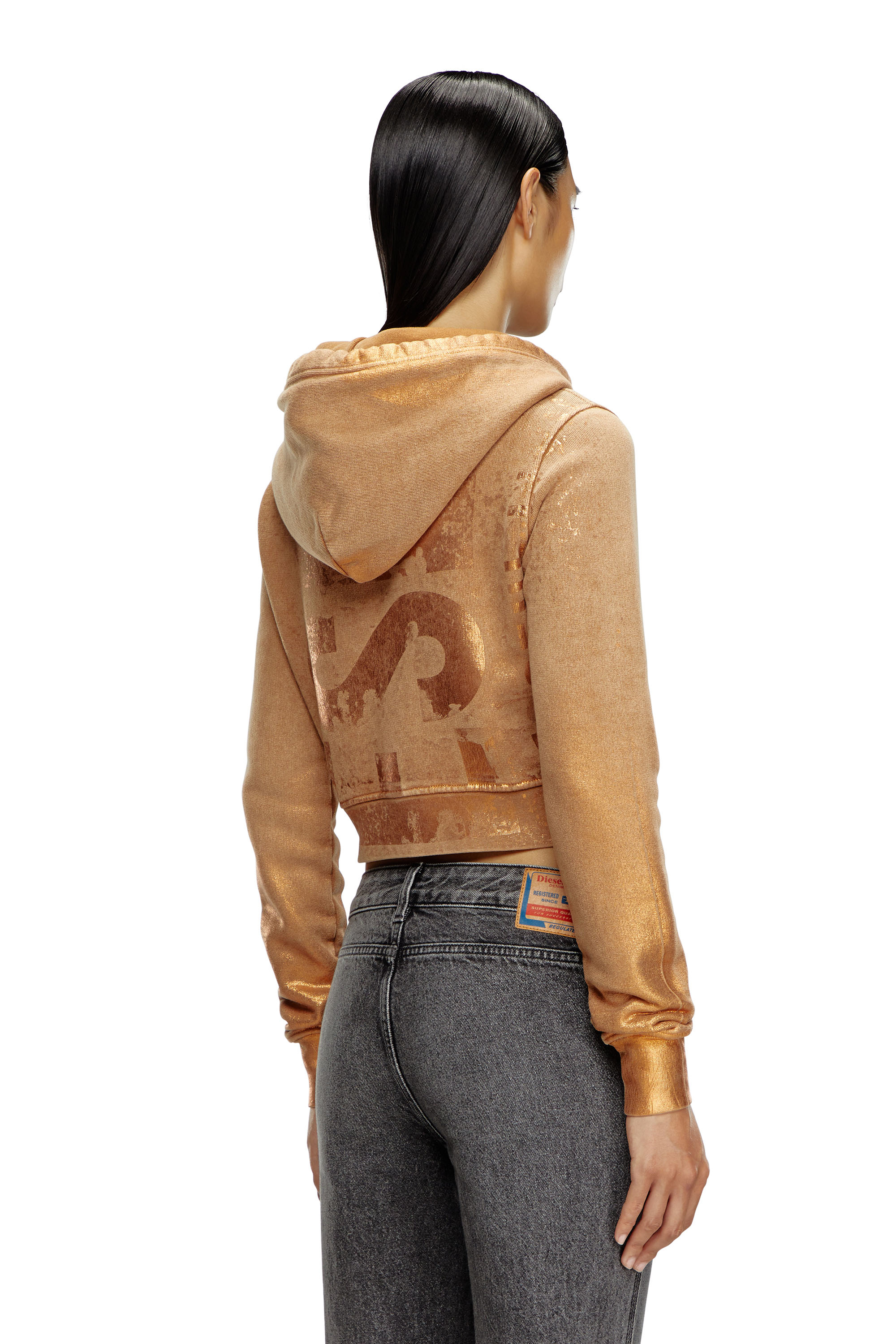 Diesel - F-SLIMMY-HOOD-P6, Woman's Cropped hoodie with metallic effects in Light Brown - 2