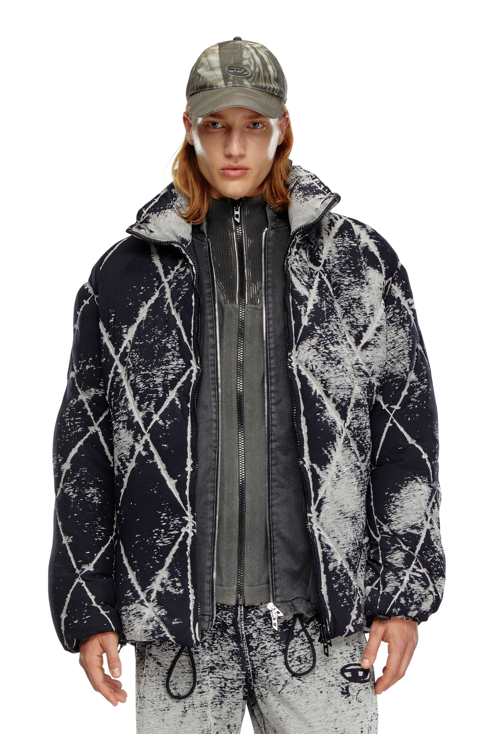 Diesel - W-MARCEL, Man's Puffer jacket in burn-out jersey in Black - 1