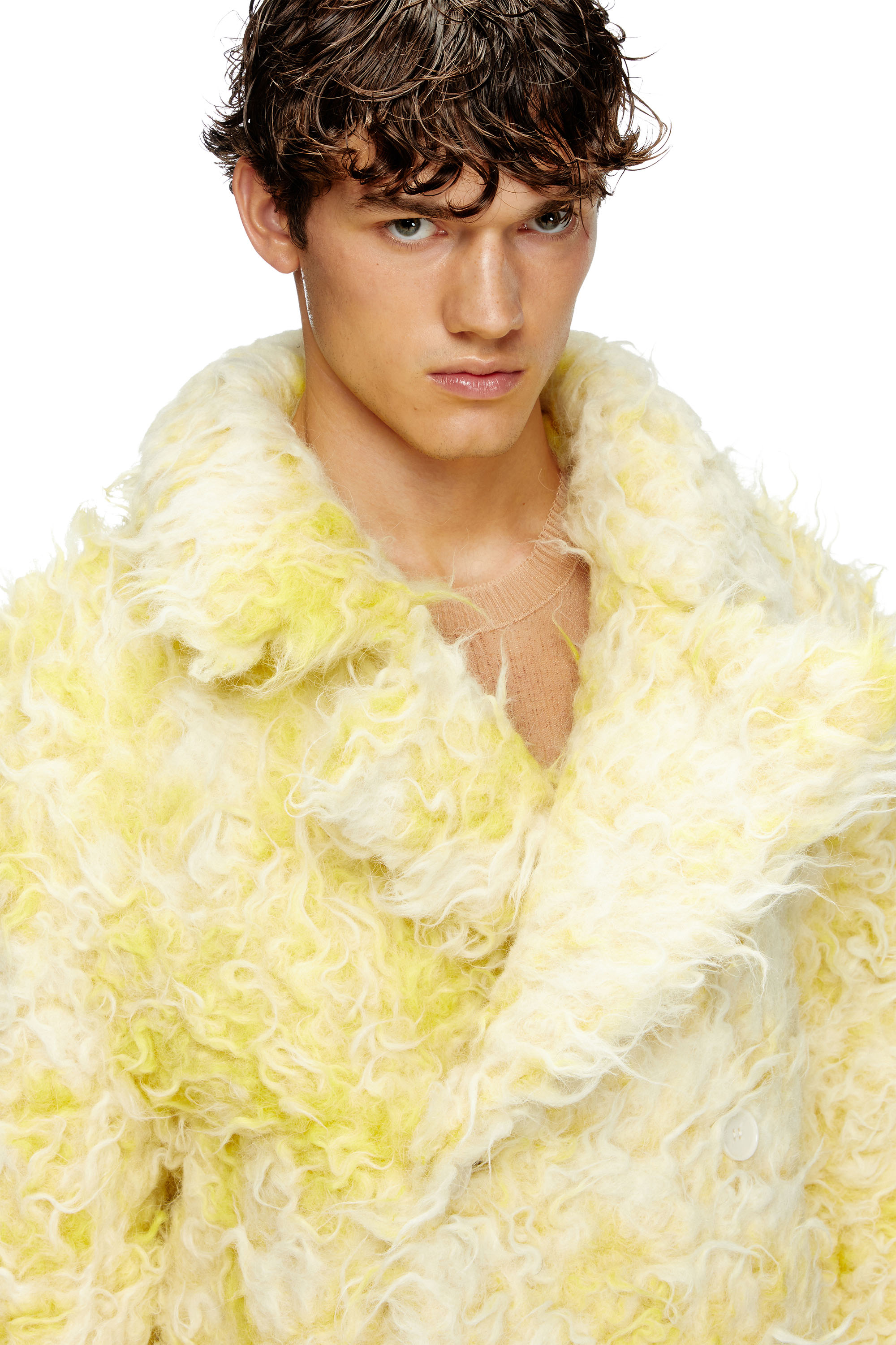 Diesel - W-MIN-SHORT, Man's Double-breasted coat in shaggy alpaca blend in Yellow - 4