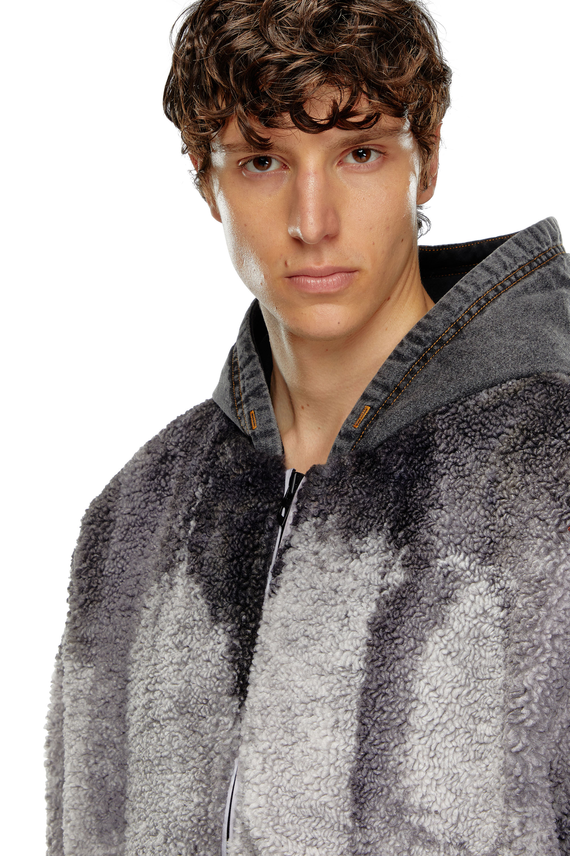 Diesel - S-DEPLA, Man's Tie-dyed teddy jacket with denim hood in Grey - 4