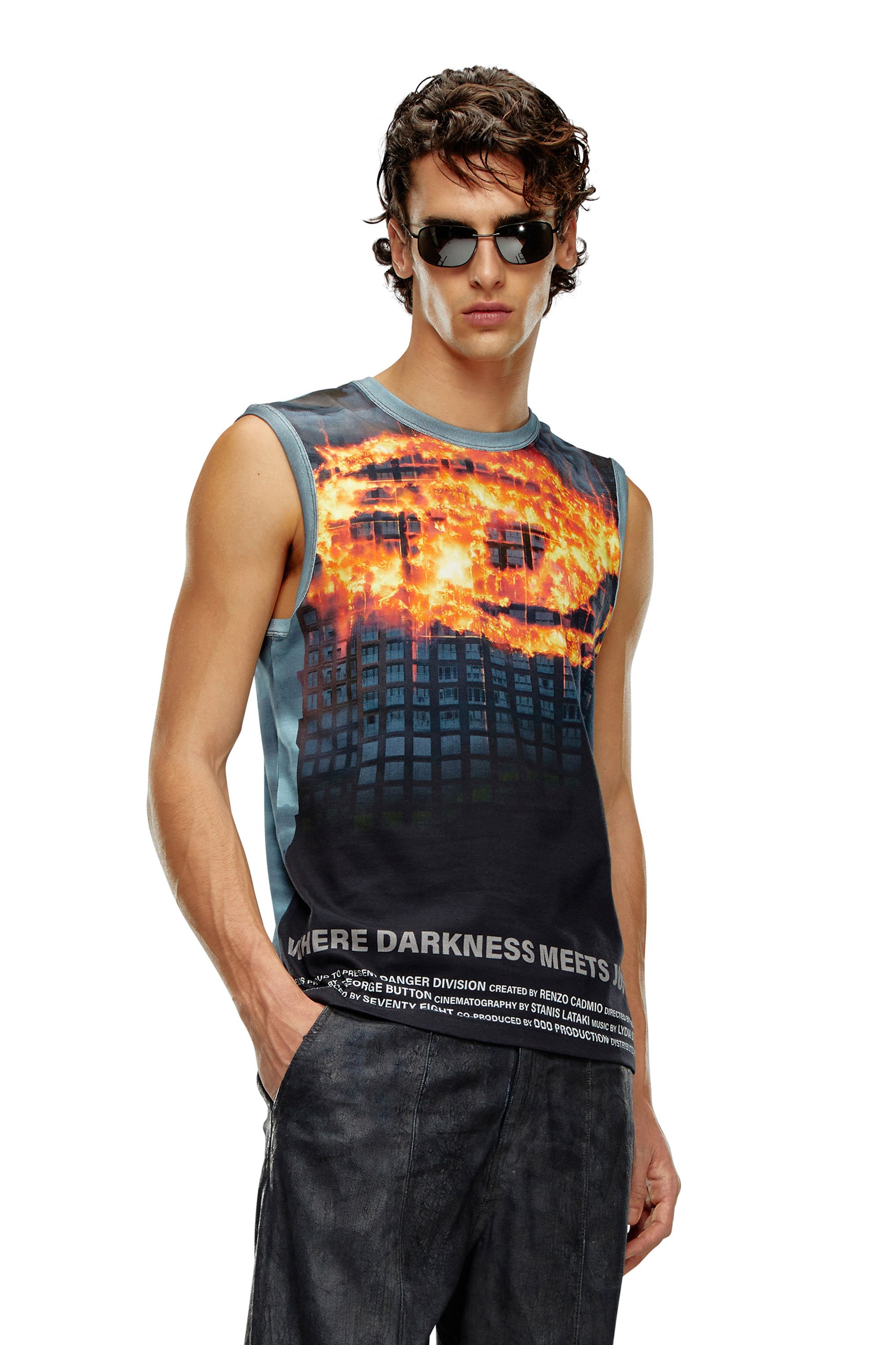 Diesel - T-BISCOUP, Man's Tank top with burning Oval D poster in Dark Blue - 1