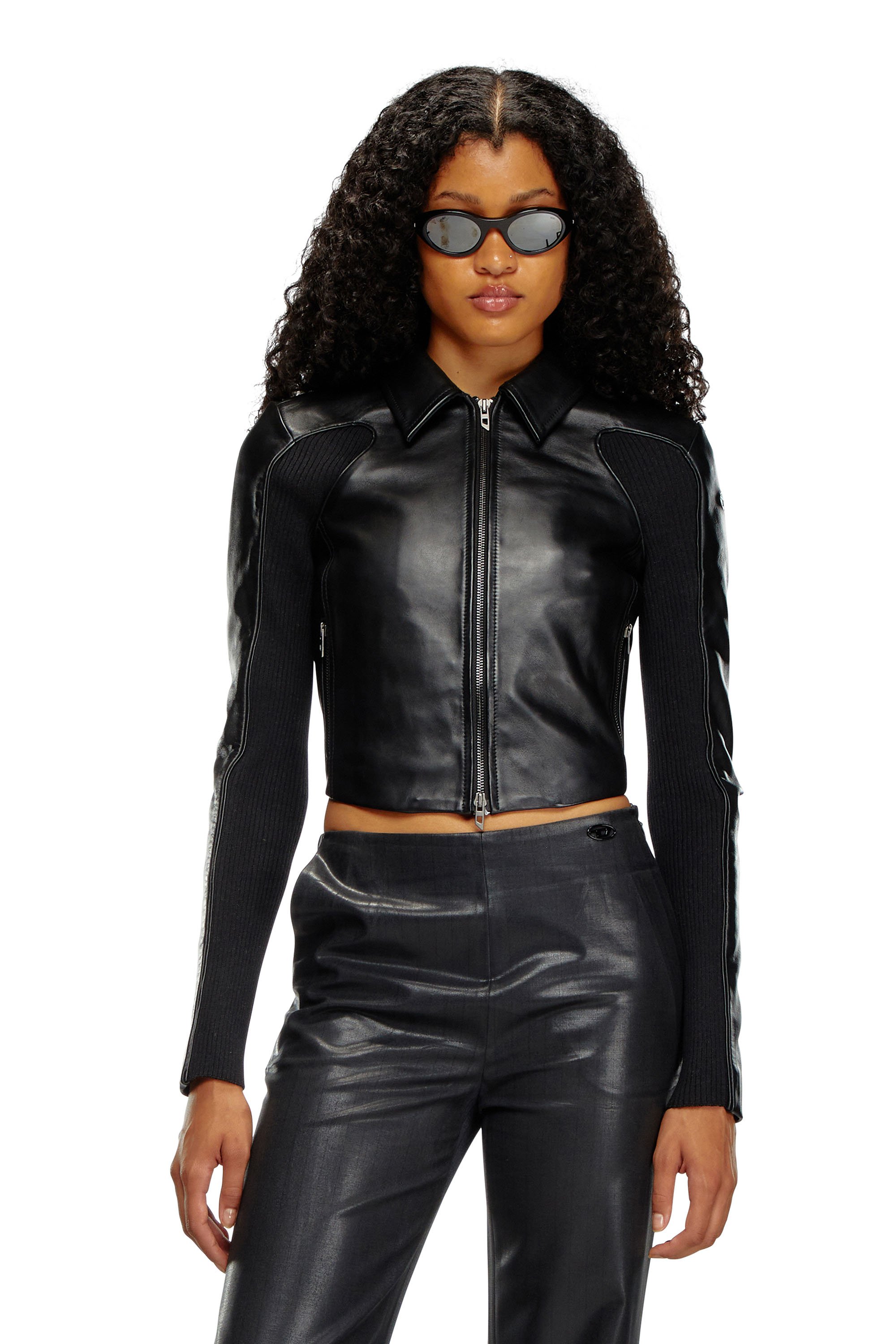 Diesel - L-TOTEM-P1, Woman's Cropped leather jacket with knit inserts in Black - 1