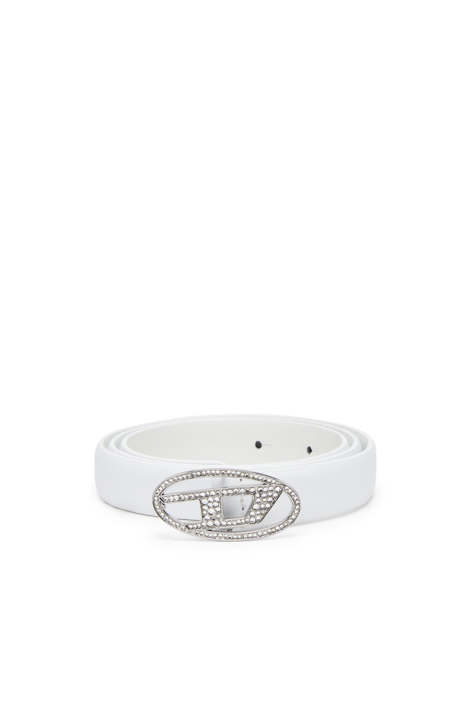 Diesel - B-1DR STRASS 20, Woman's Slim leather belt with crystal buckle in White - 1