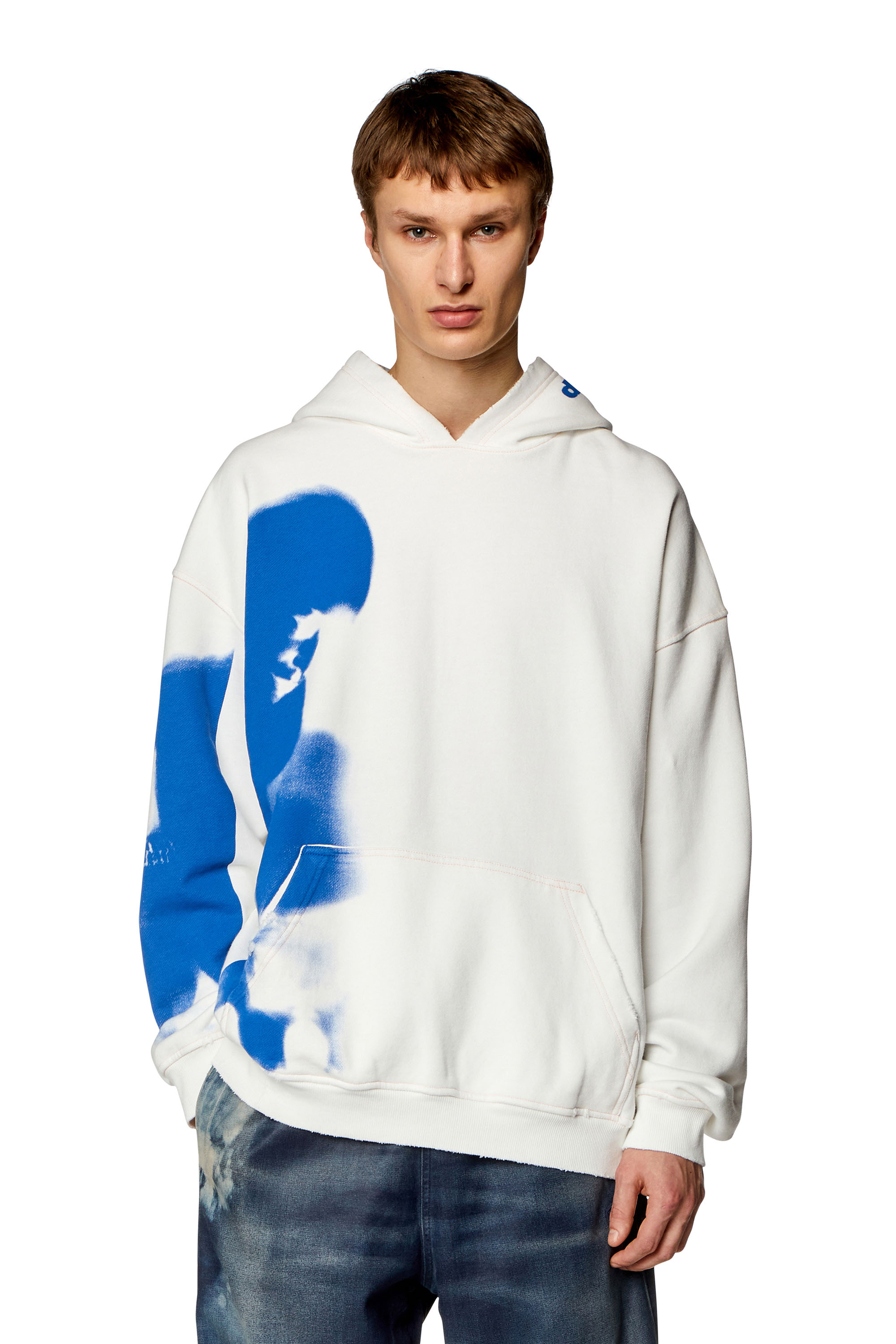 Diesel - S-BOXT-HOOD-N4, Man's Distressed hoodie with smudgy print in White - 1