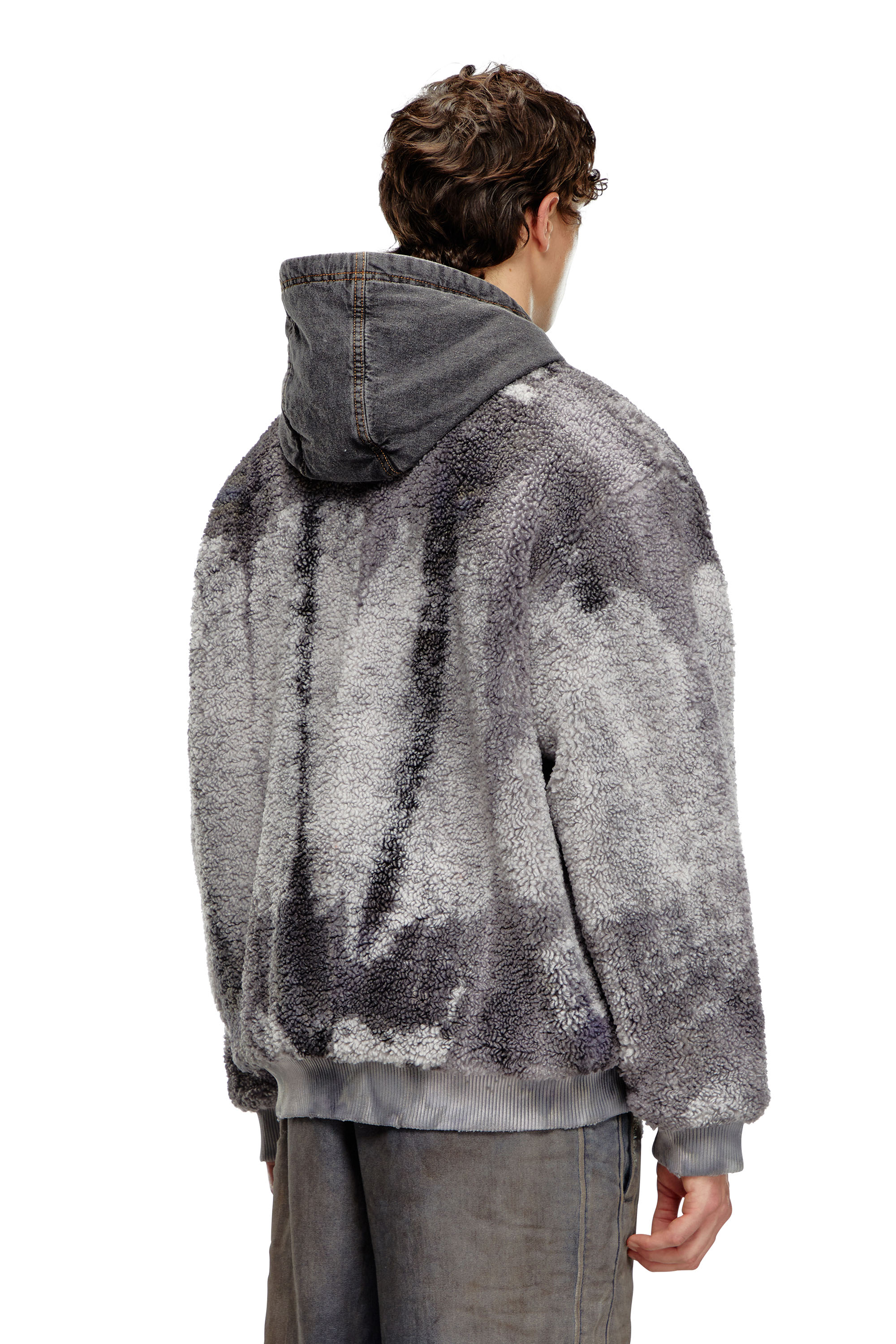 Diesel - S-DEPLA, Man's Tie-dyed teddy jacket with denim hood in Grey - 3