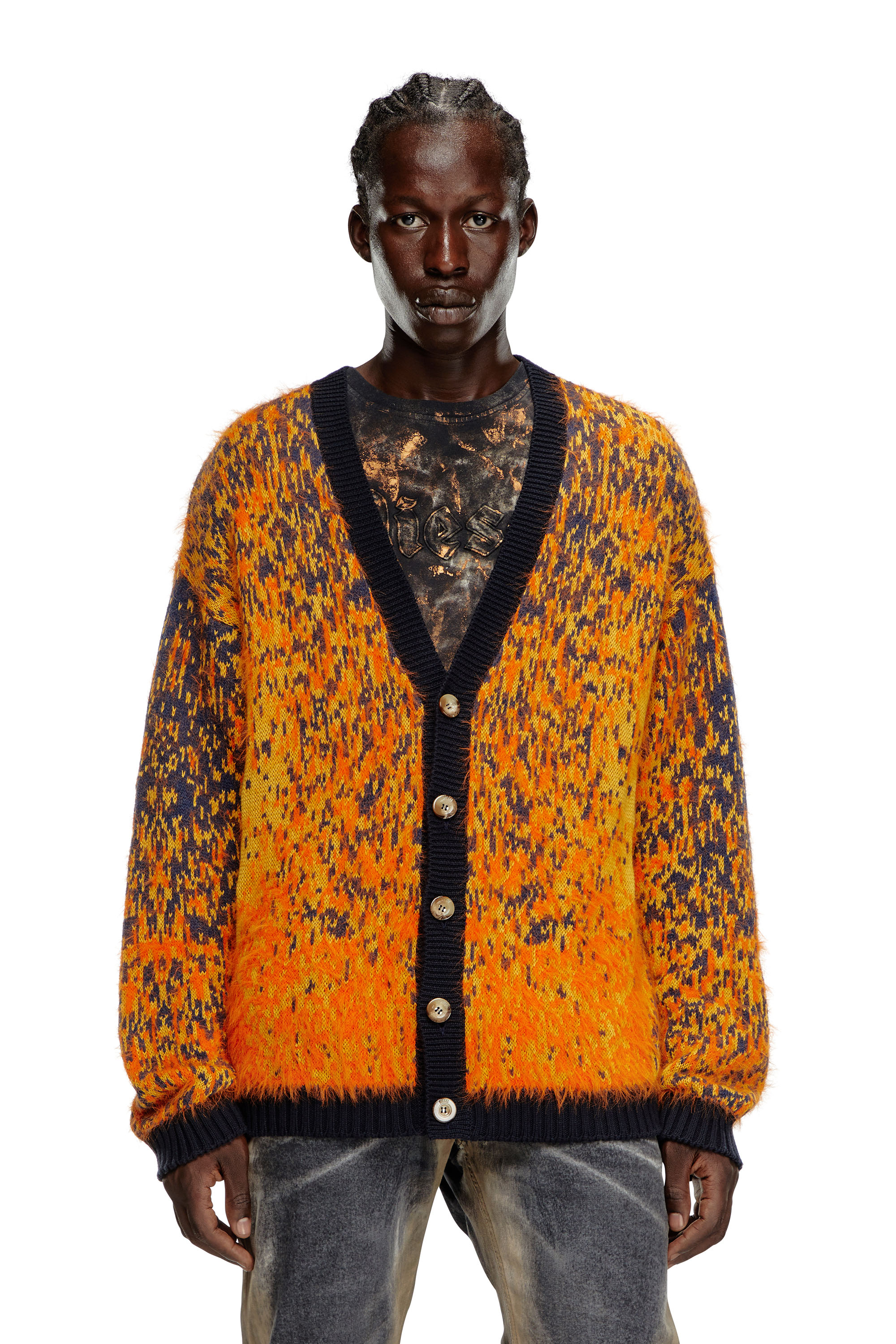 Diesel - K-RANGER, Man's Fuzzy cardigan with abstract pattern in Orange - 4