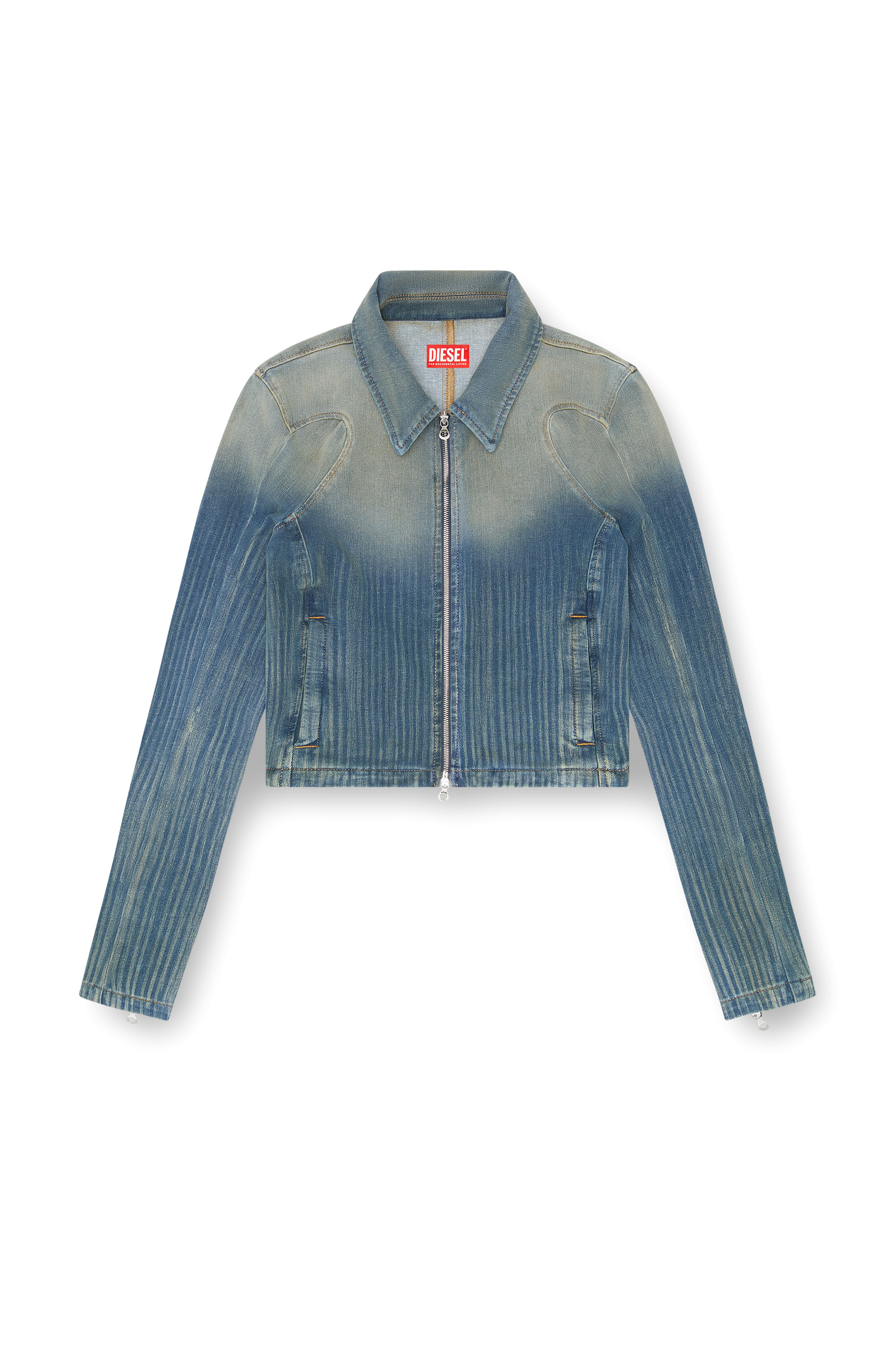 Diesel - DE-SILEN-S, Chaqueta recortada en denim claro con efecto a rayas Mujer in Azul marino - 5