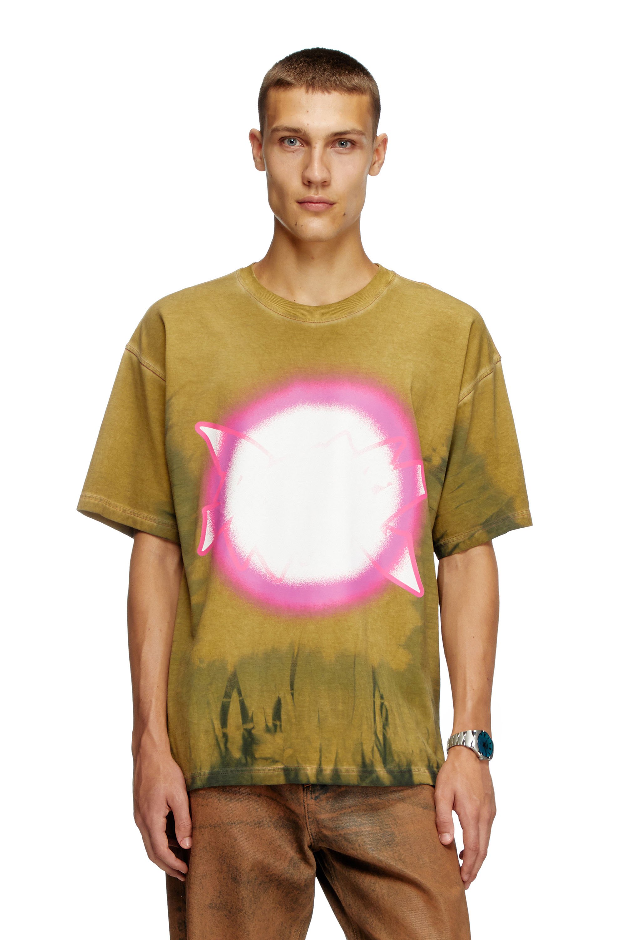 Diesel - T-BOXT-R24, Camiseta teñida con la técnica de tie-dye con estampado de foco luminoso Hombre in Marrón - 1