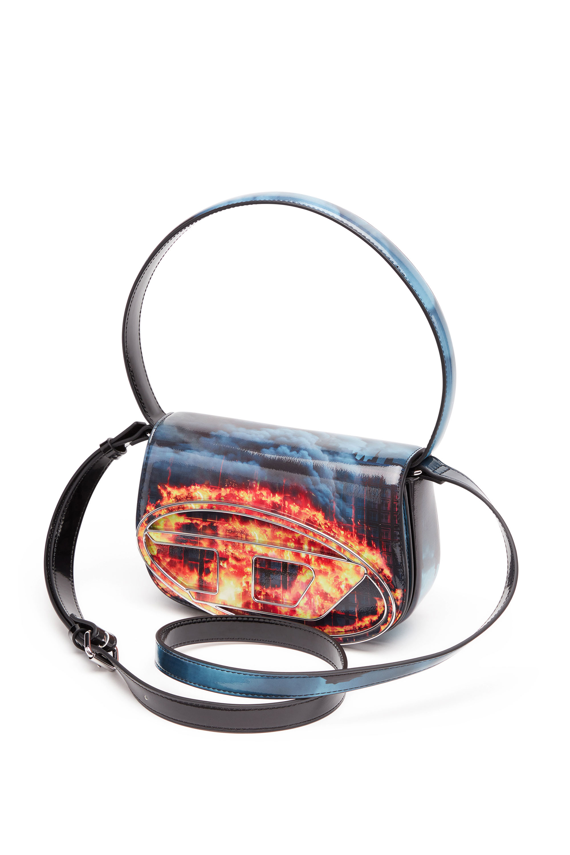 Diesel - 1DR, Woman's 1DR-Iconic shoulder bag with fire print in Blue/Red - 5