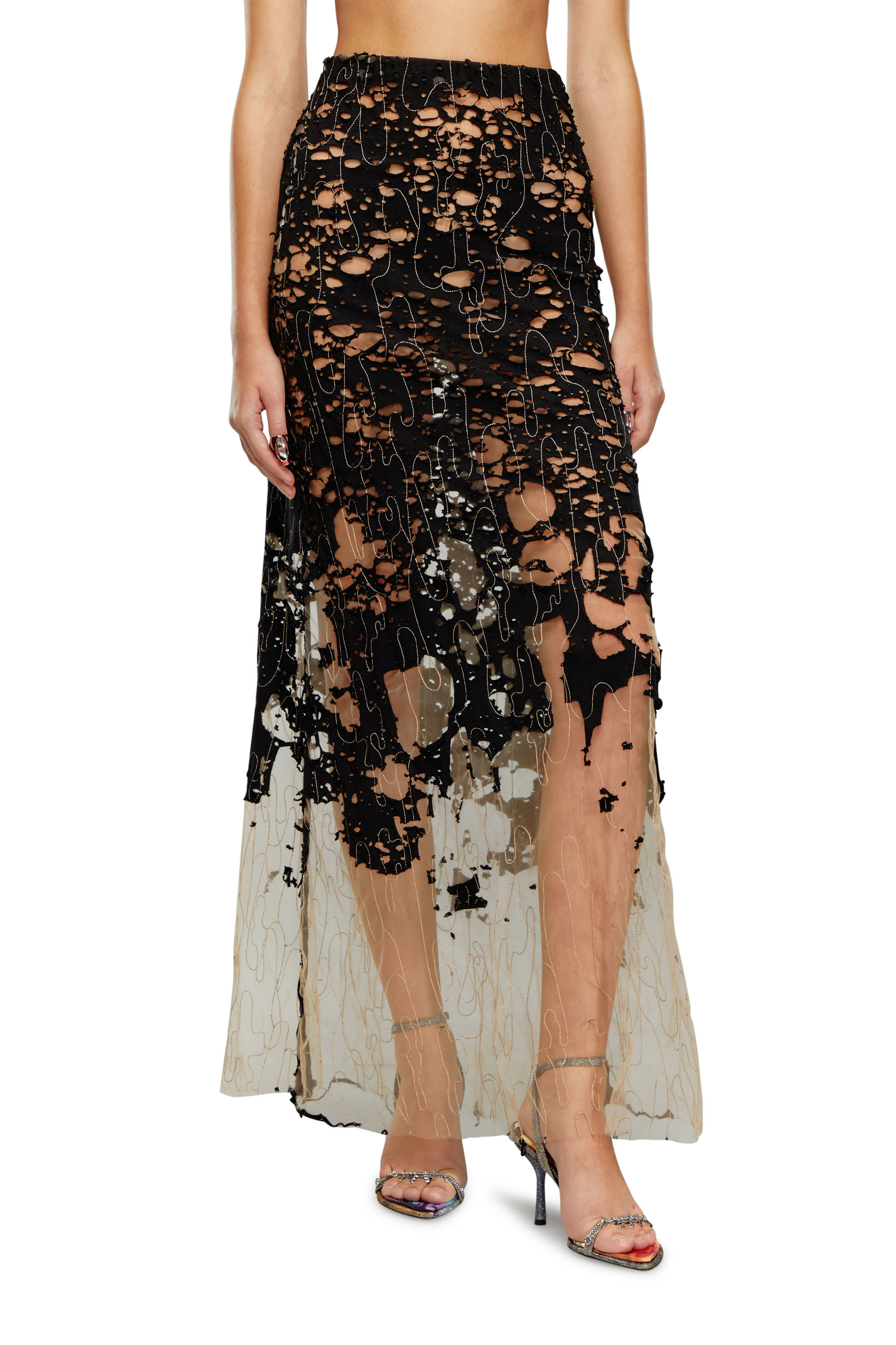 Diesel - O-LEENA, Woman's Long devoré skirt in tulle and jersey in Black - 1