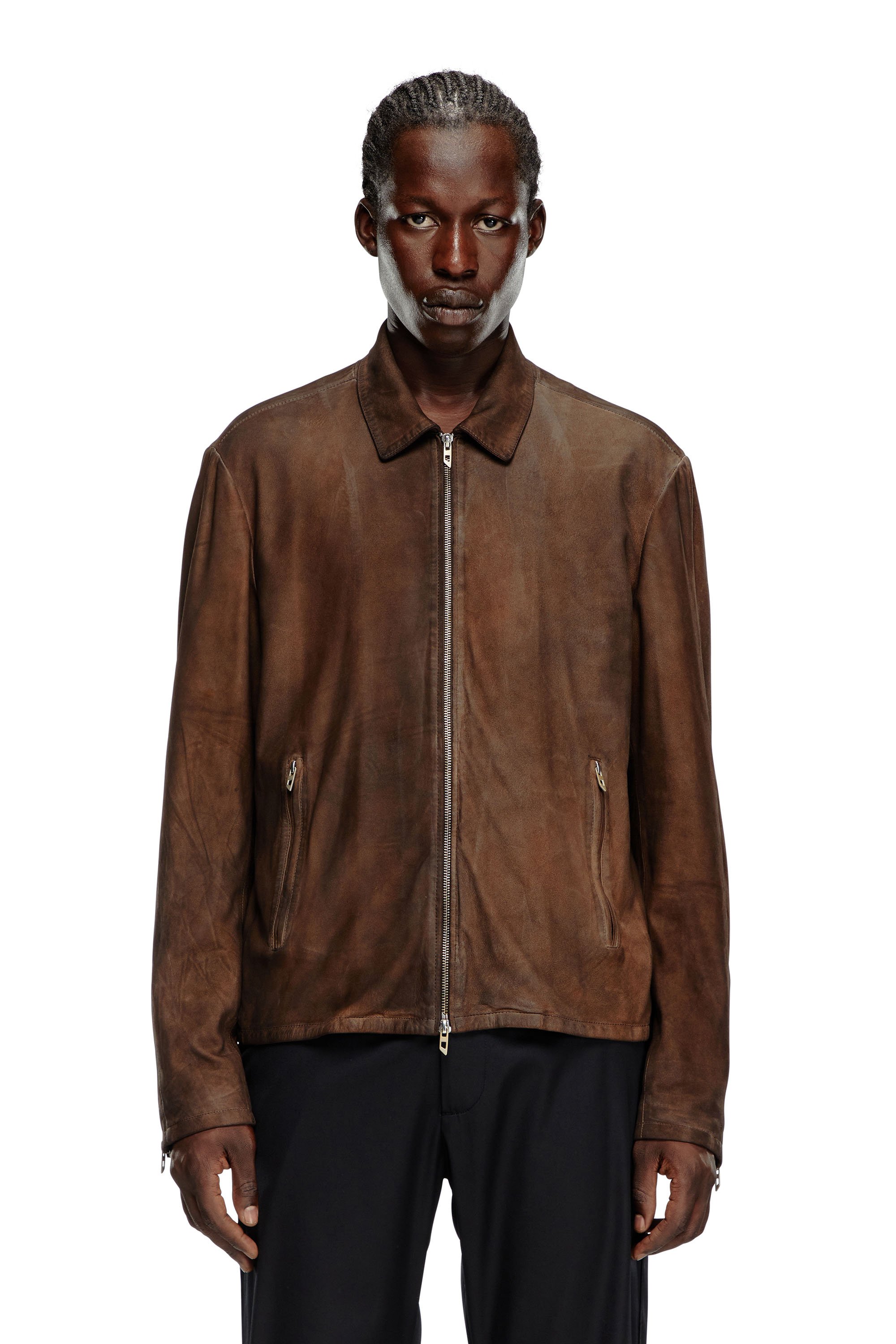 Diesel - L-CROMBE, Man's Blouson jacket in treated leather in Brown - 5