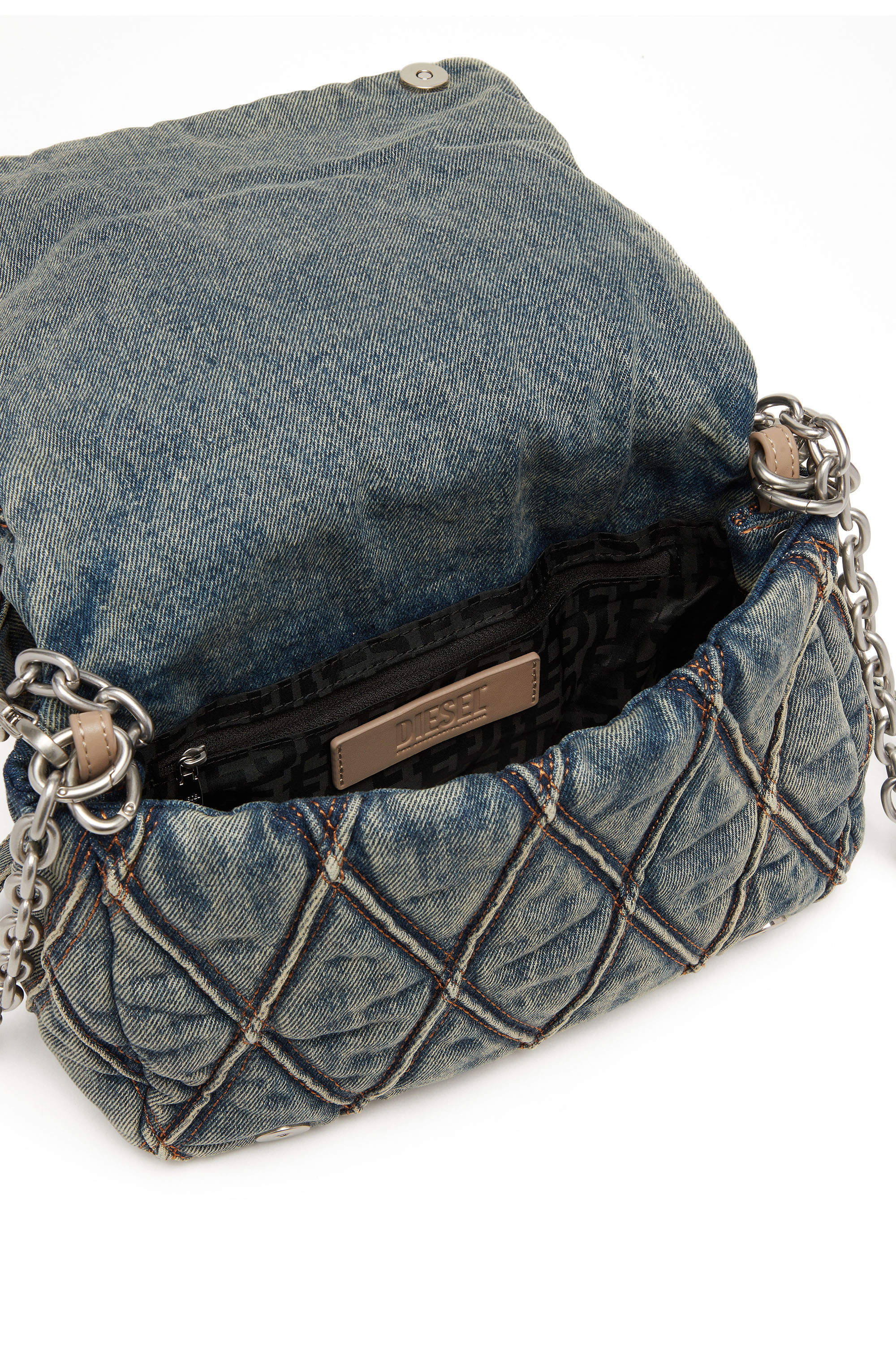 Diesel - CHARM-D SHOULDER M, Woman's Charm-D M-Handbag in quilted denim in Medium blue - 4