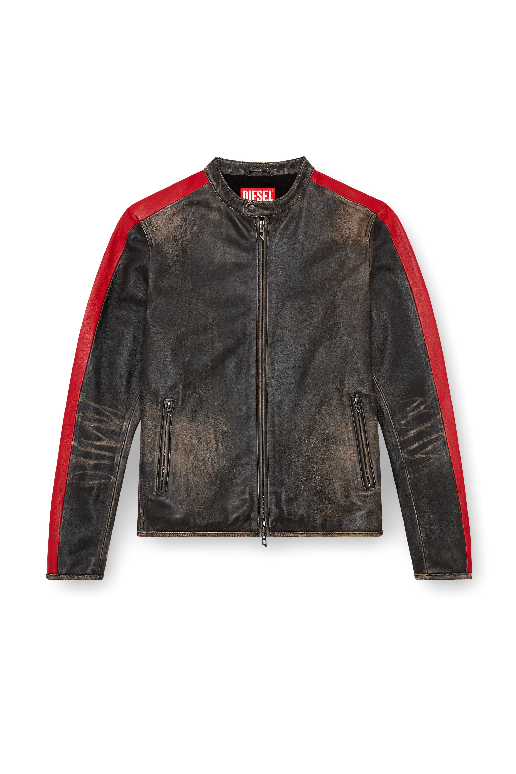 Diesel - L-RENN, Man's Leather jacket with contrasting stripes in Black/Red - 6