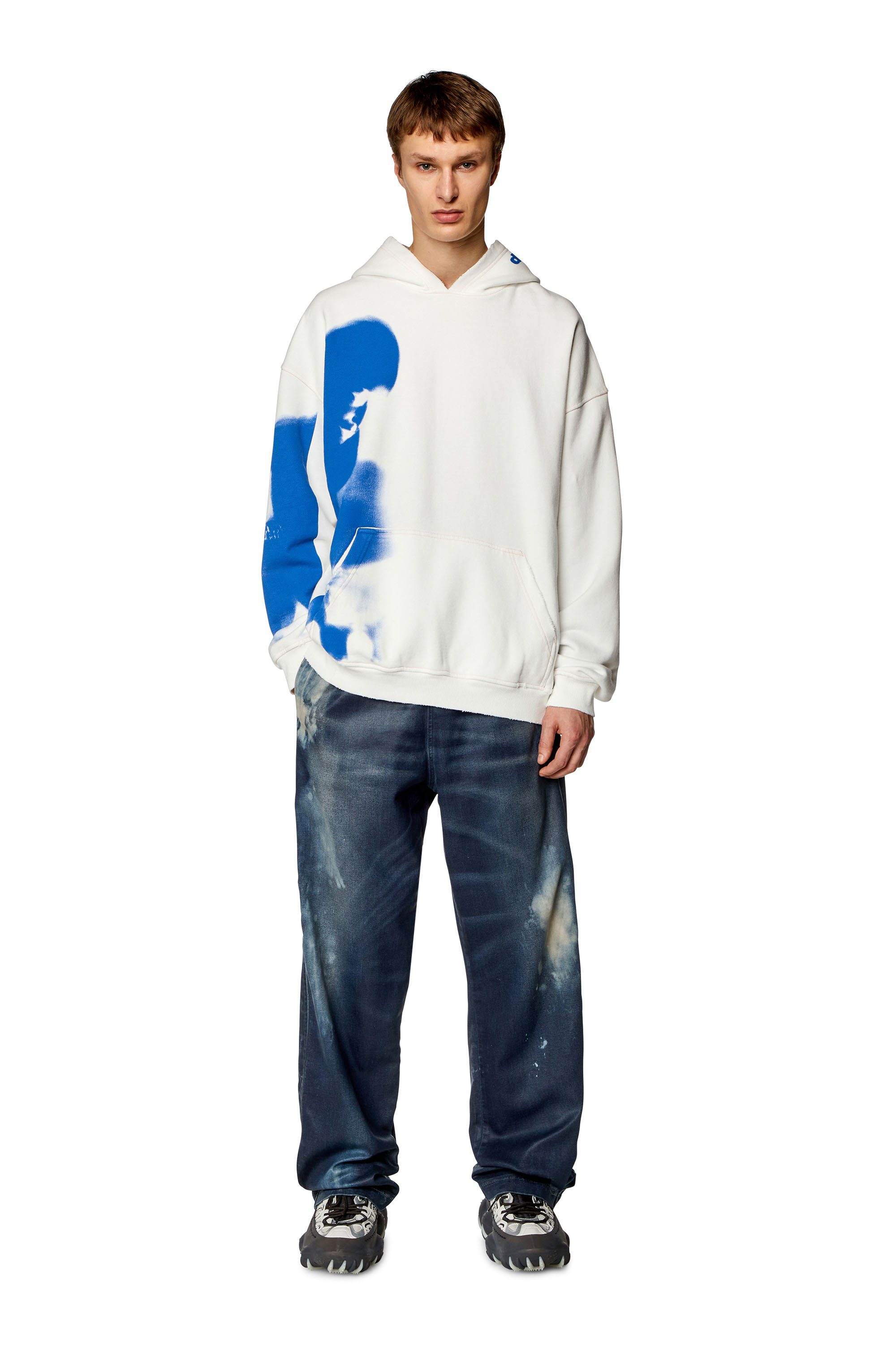 Diesel - S-BOXT-HOOD-N4, Man's Distressed hoodie with smudgy print in White - 2