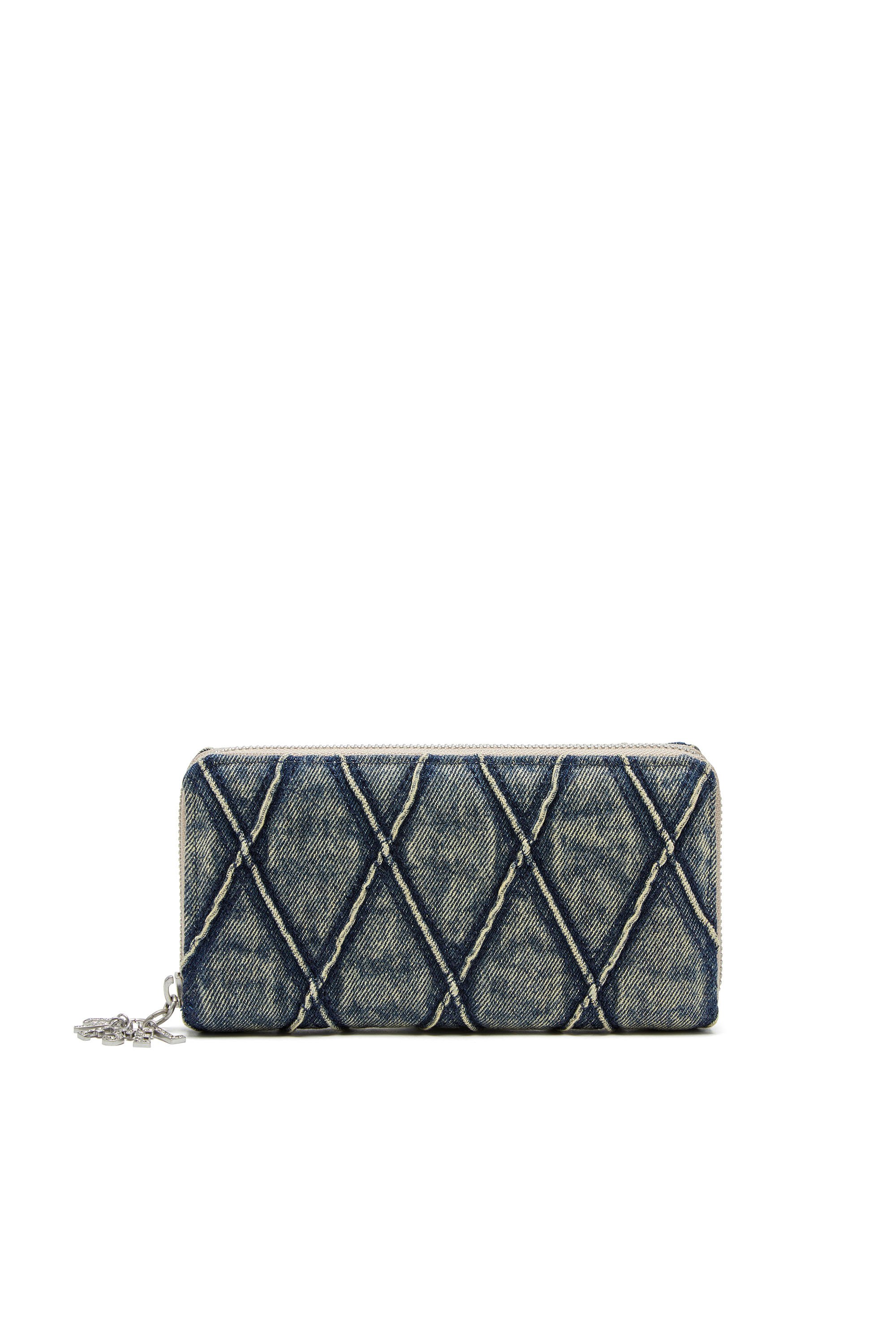 Diesel - CHARM-D CONTINENTAL ZIP L, Cartera con cremallera de denim acolchado con motivo Argyle Mujer in Azul marino - 1