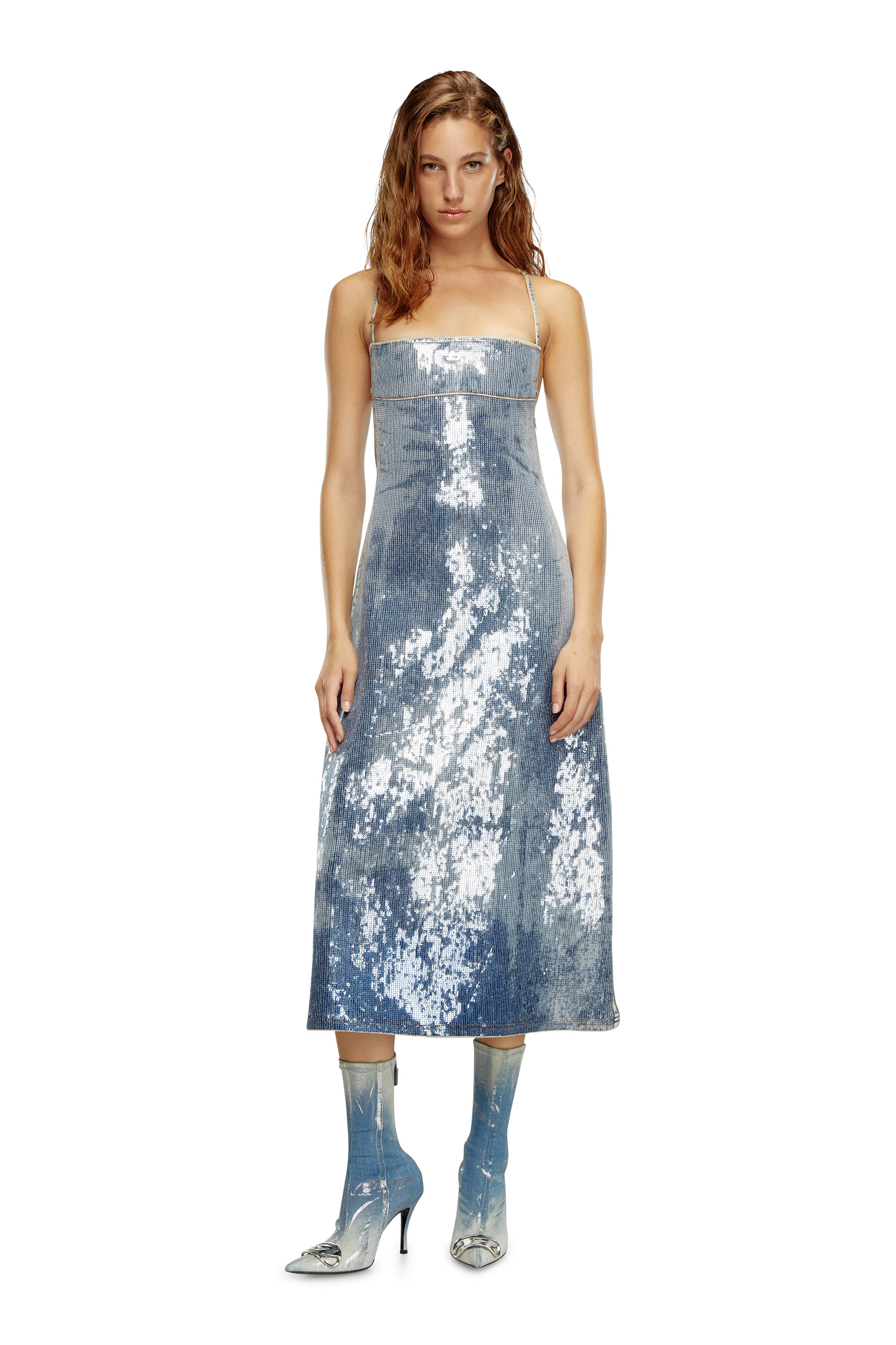 Diesel - DE-HELD-S2, Vestido midi en denim con tiras y lentejuelas Mujer in Azul marino - 1