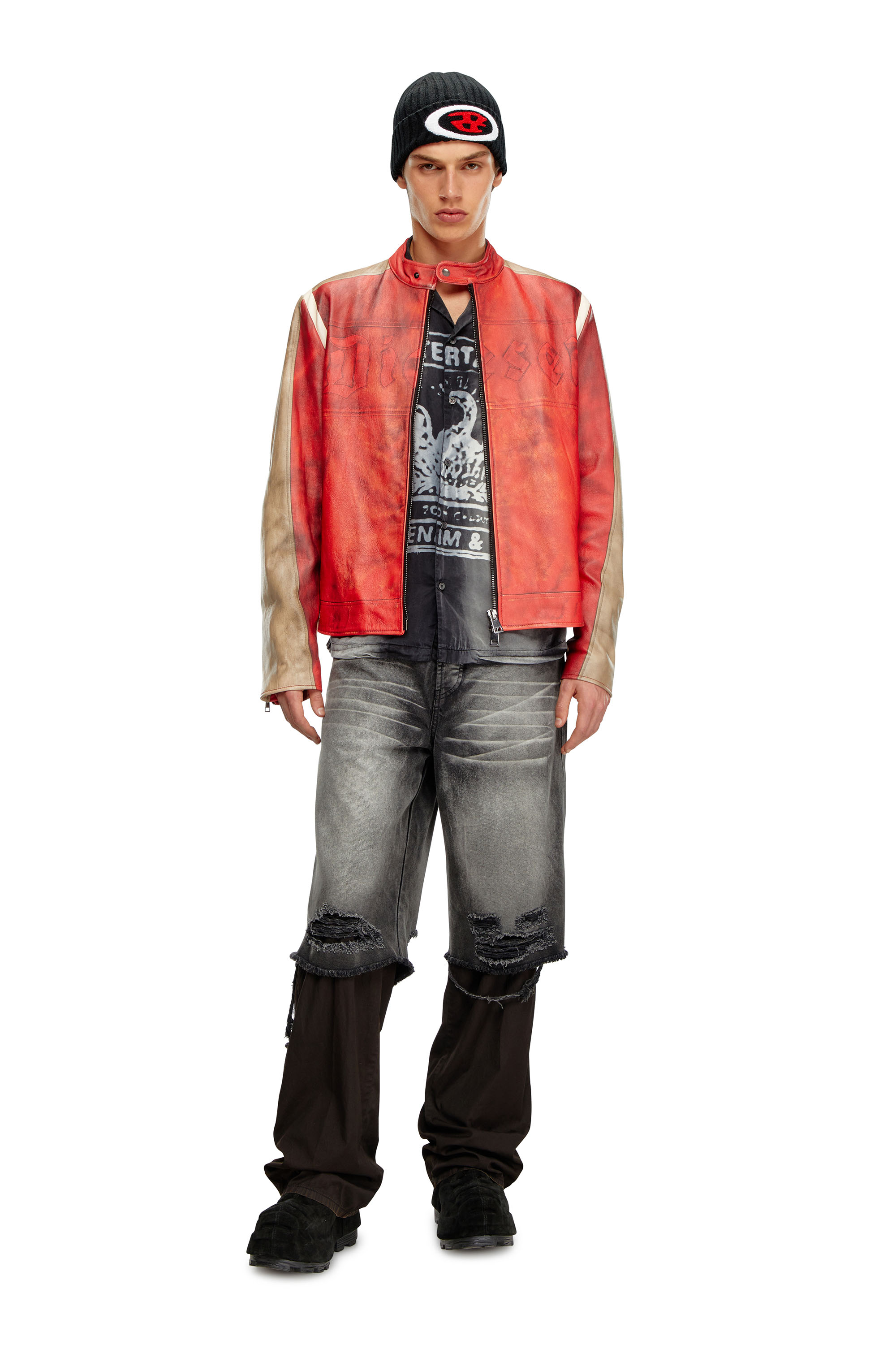 Diesel - L-RUSCHA, Chaqueta biker de cuero con efecto de suciedad Hombre in Rojo - 2