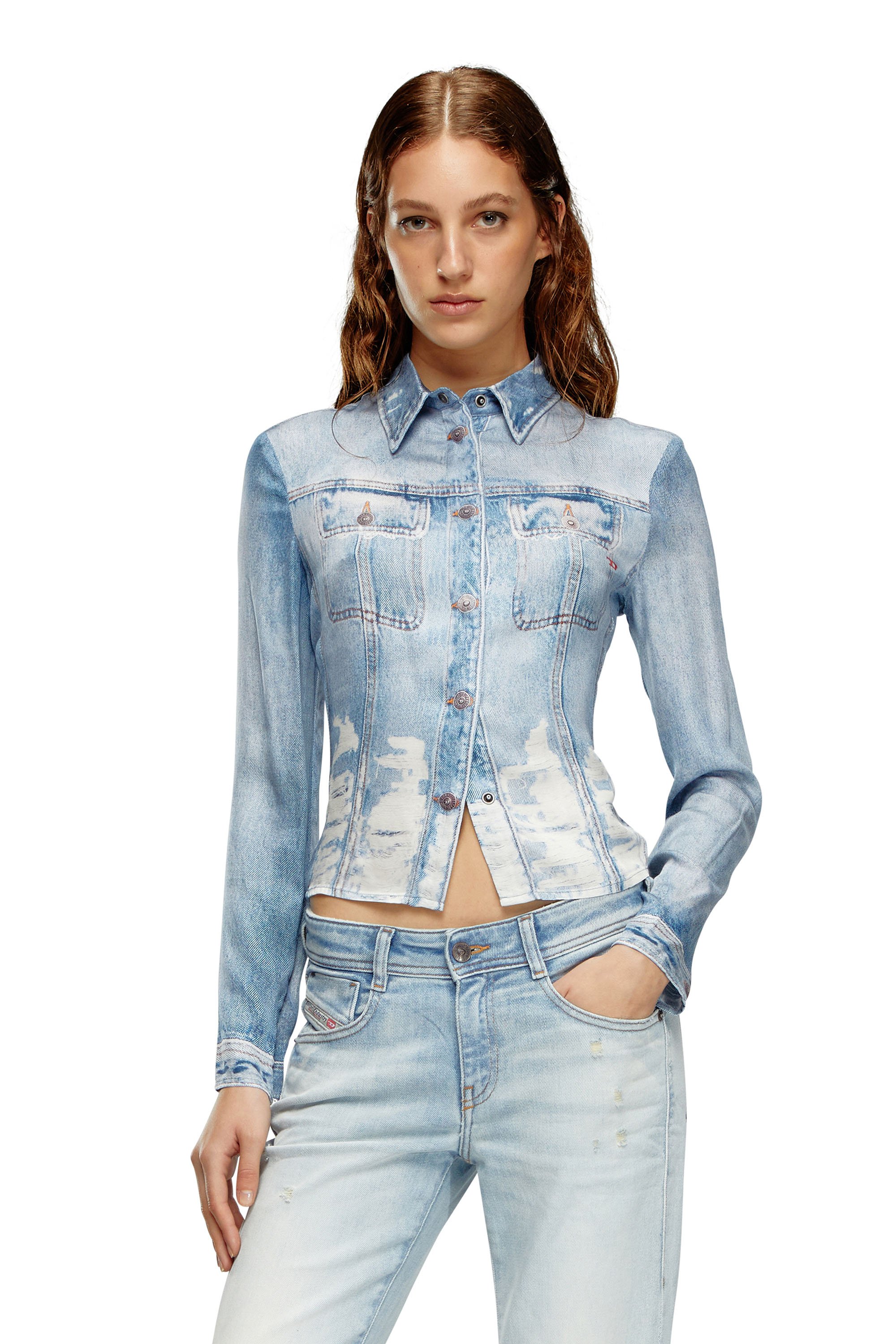 Diesel - C-LORELLE, Woman's Cropped shirt with denim print in Light Blue - 1