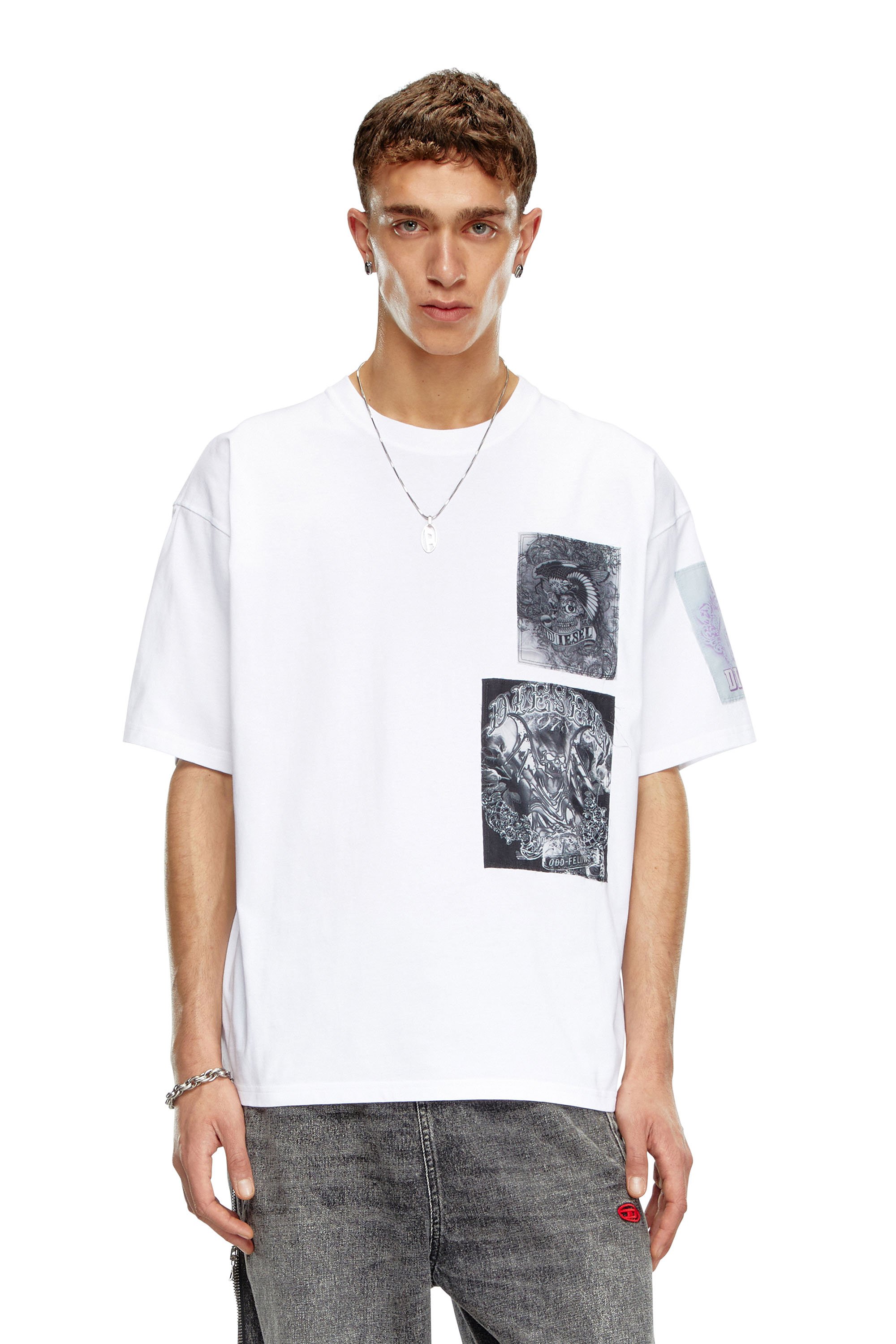 Diesel - T-BOXT-SLITS-Q10, Camiseta con parches estampados cortados en crudo Hombre in Blanco - 1