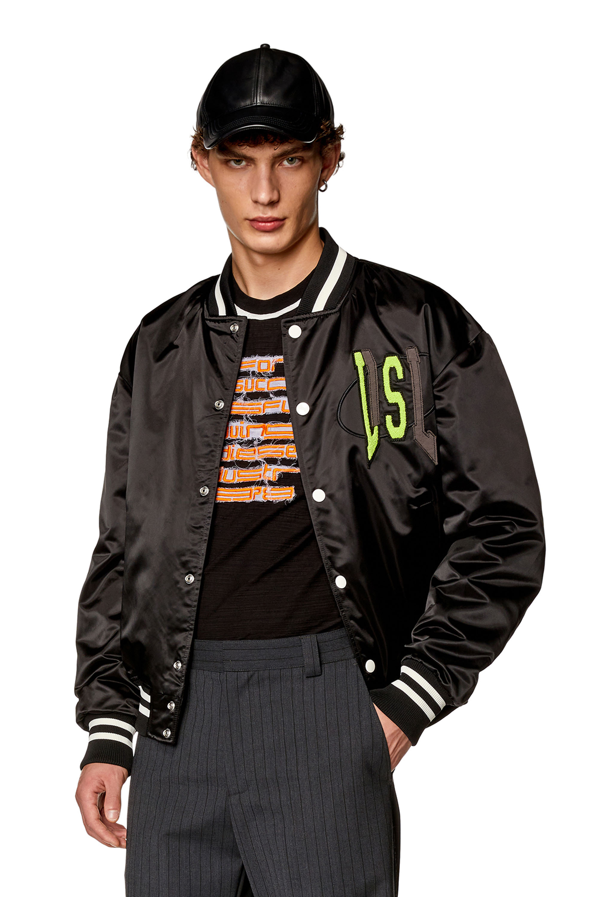 Diesel - J-START, Man's Satin track jacket with LIES patches in Black - 1