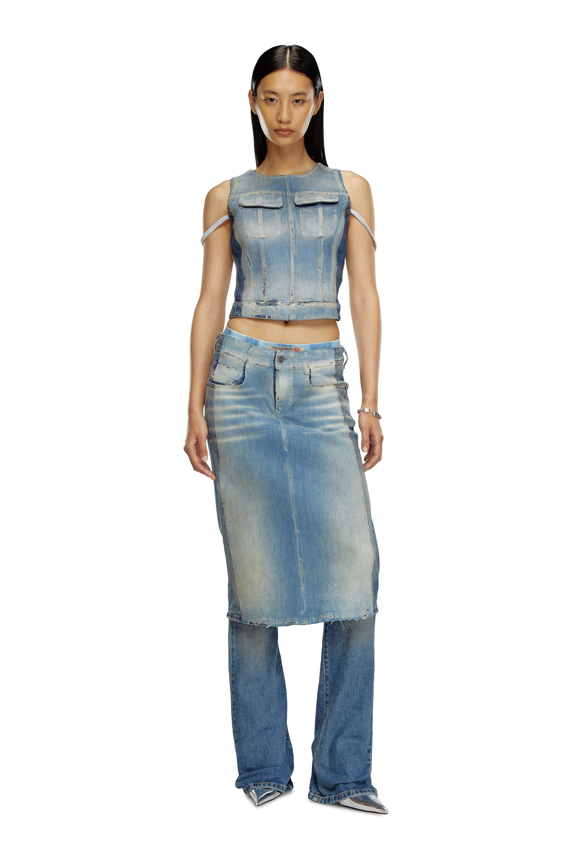 Diesel - DE-BENEDICTA-S, Woman's Top in peel-off denim and jersey in Light Blue - 2