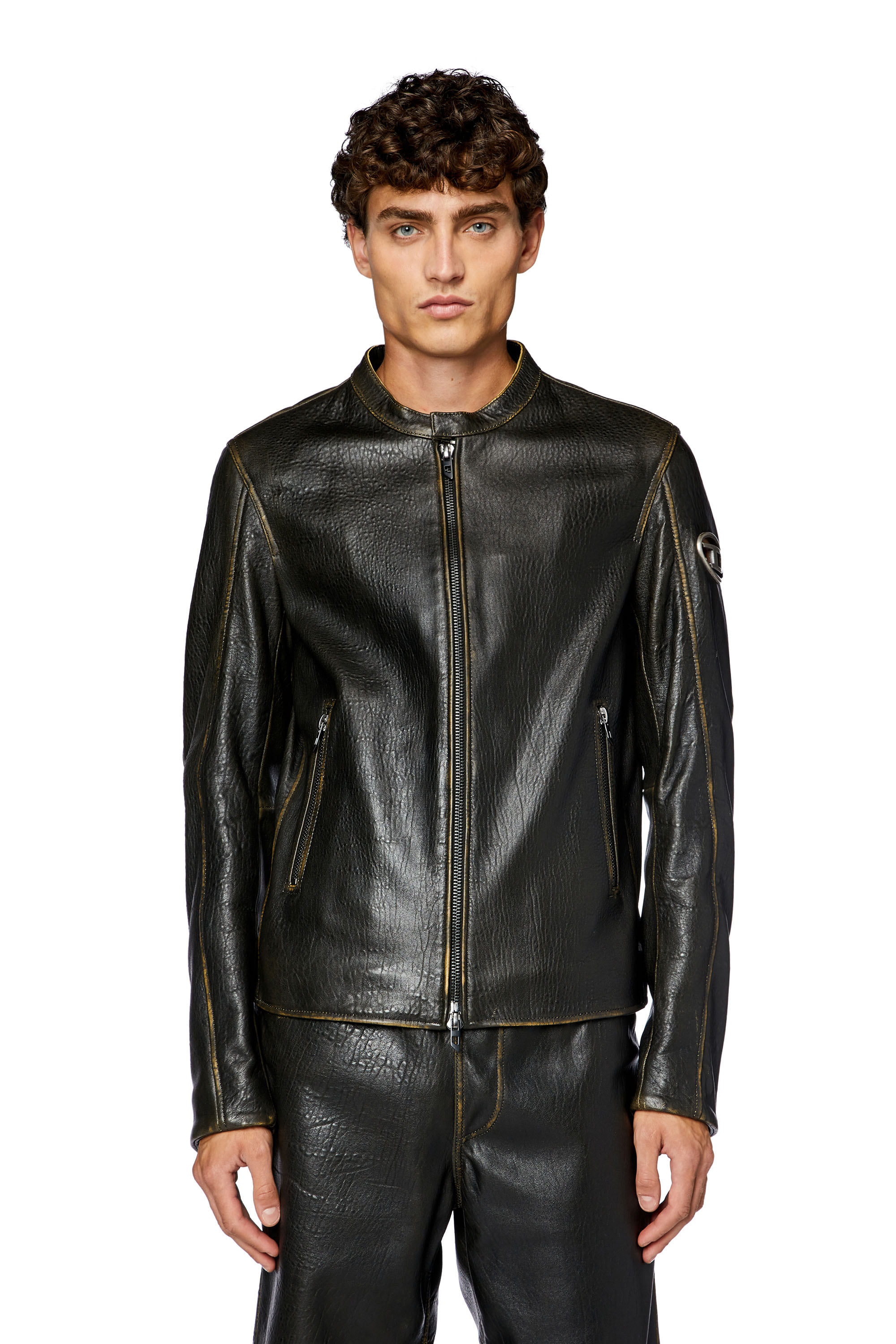 Diesel - L-COBBE, Man's Biker jacket in wrinkled leather in Brown - 5