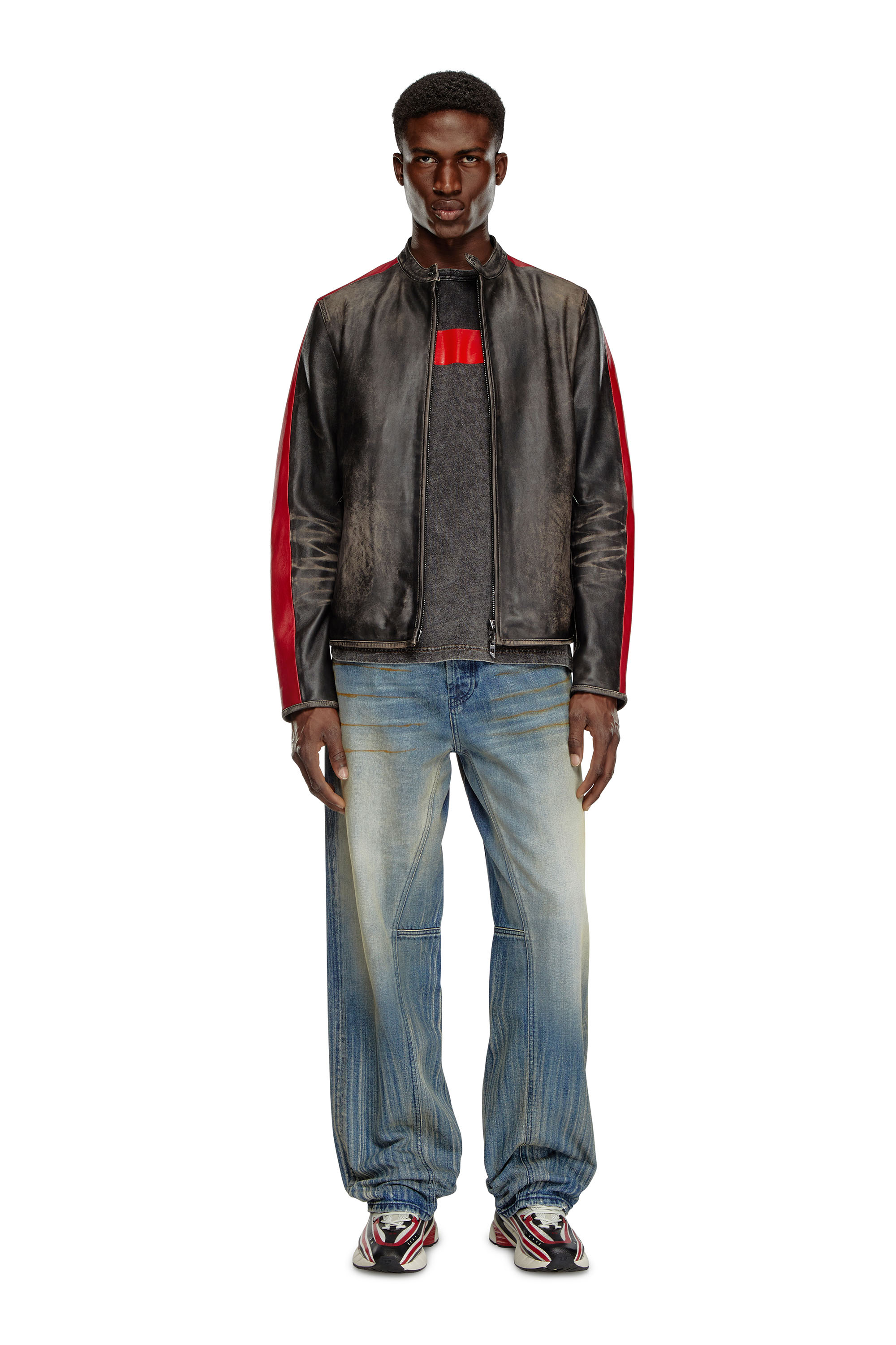 Diesel - L-RENN, Chaqueta de cuero con rayas en contraste Hombre in Multicolor - 2