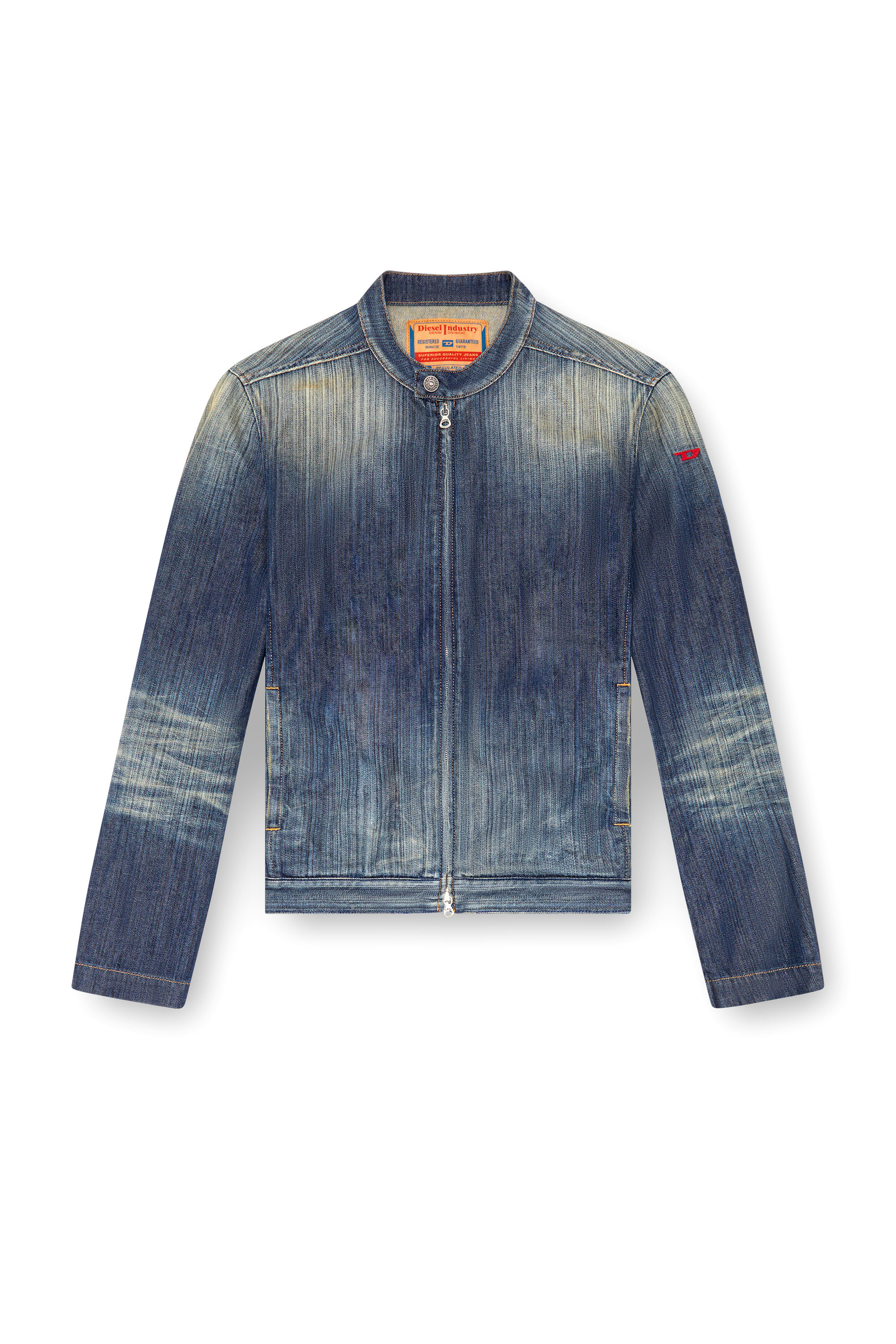 Diesel - D-GLORY, Man's Moto jacket in streaky denim in Dark Blue - 6