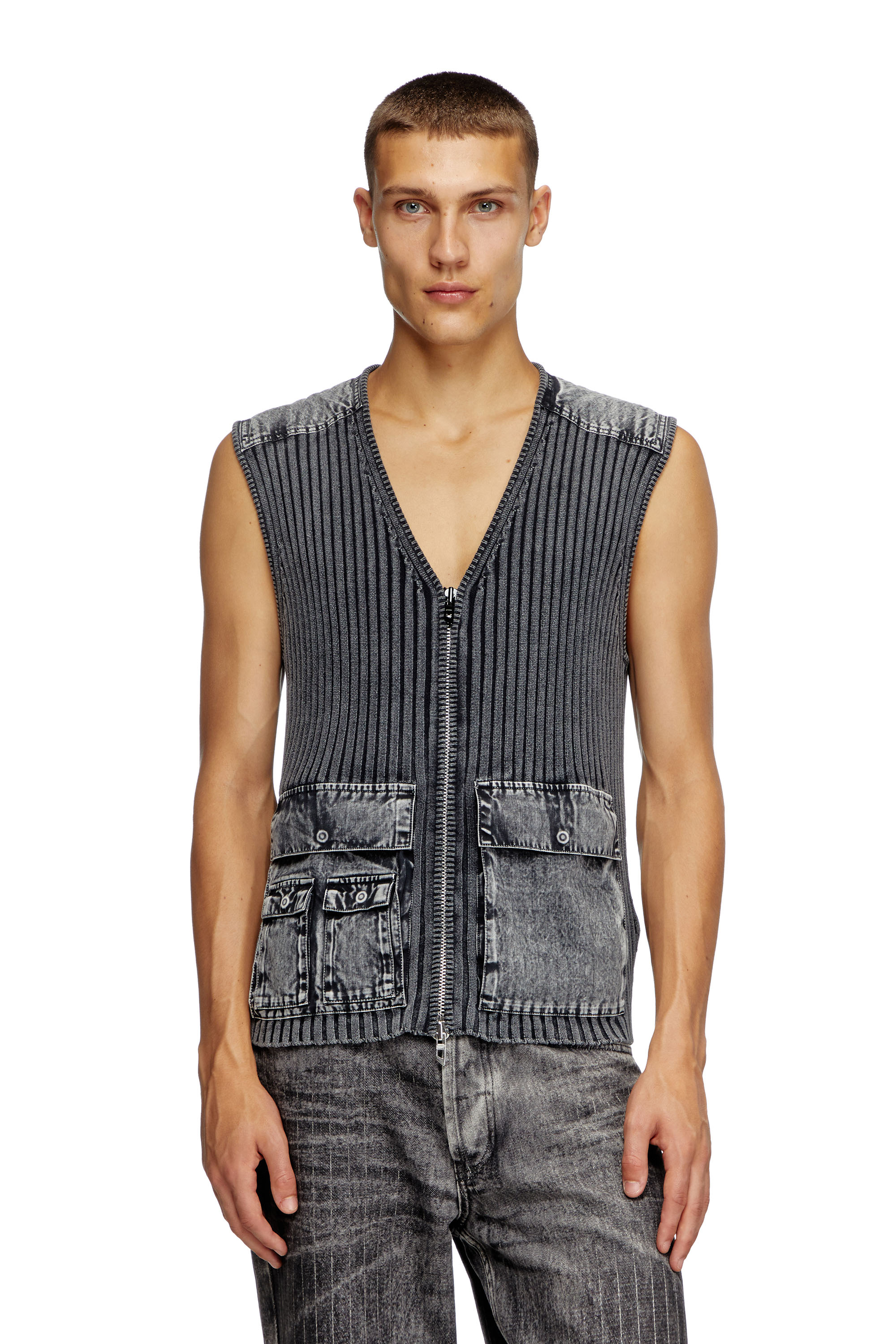 Diesel - K-MARGIE, Chaleco utilitario de tejido en canalé y denim Hombre in Gris - 4