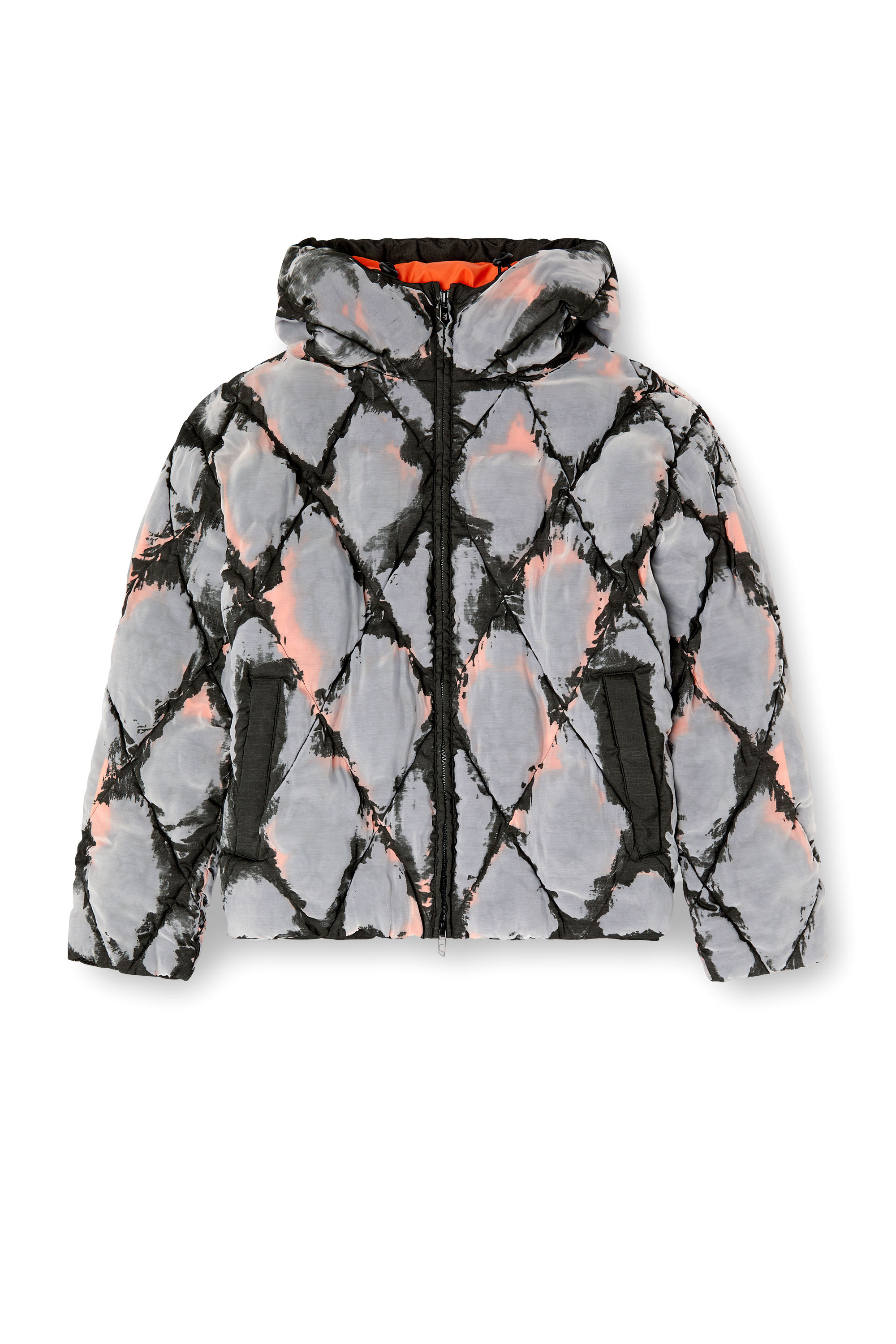 Diesel - W-DOM, Man's Hooded devoré argyle puffer jacket in Black/Orange - 6