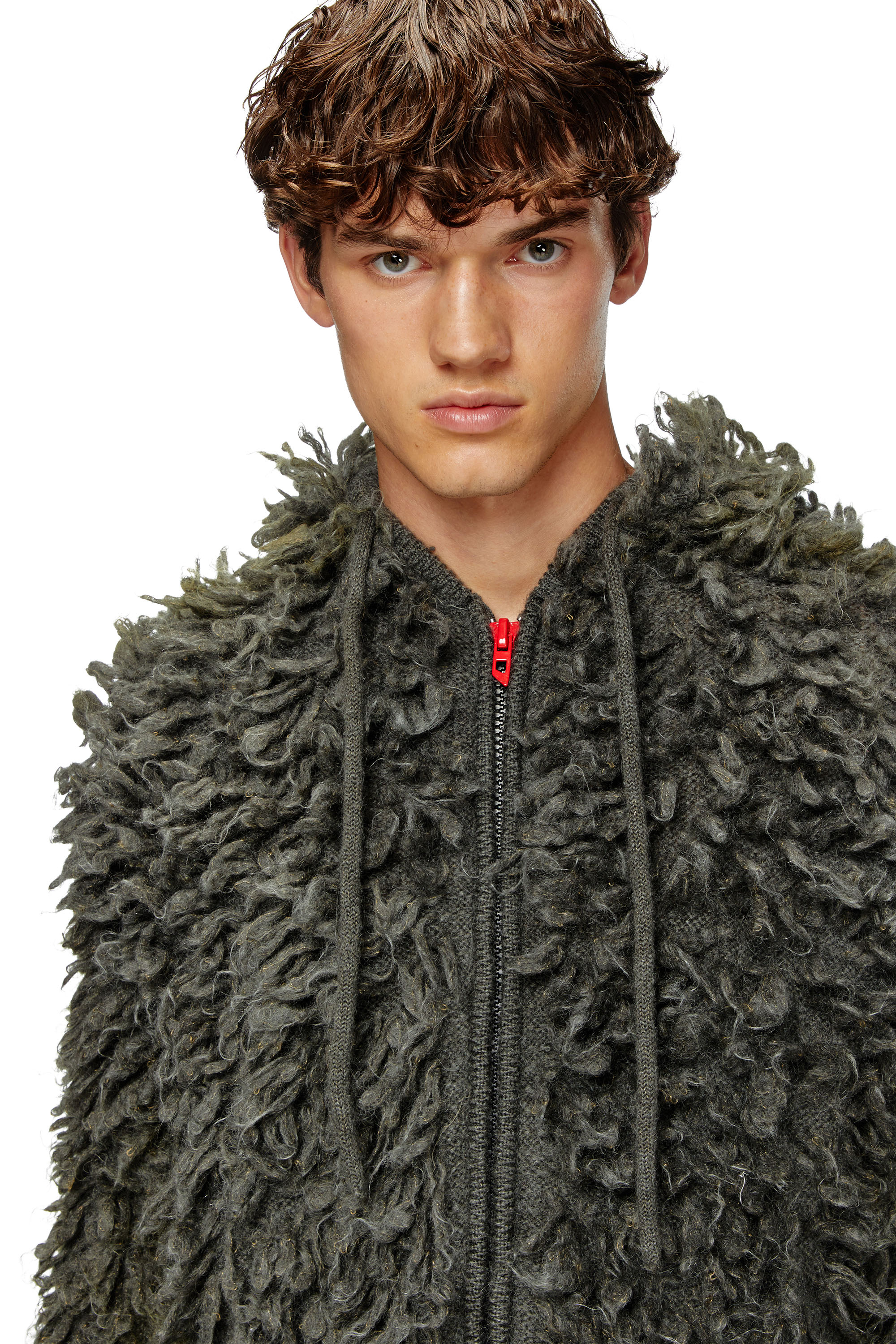 Diesel - K-WHITMAN, Man's Hooded cardigan in shaggy knit in Dark grey - 3