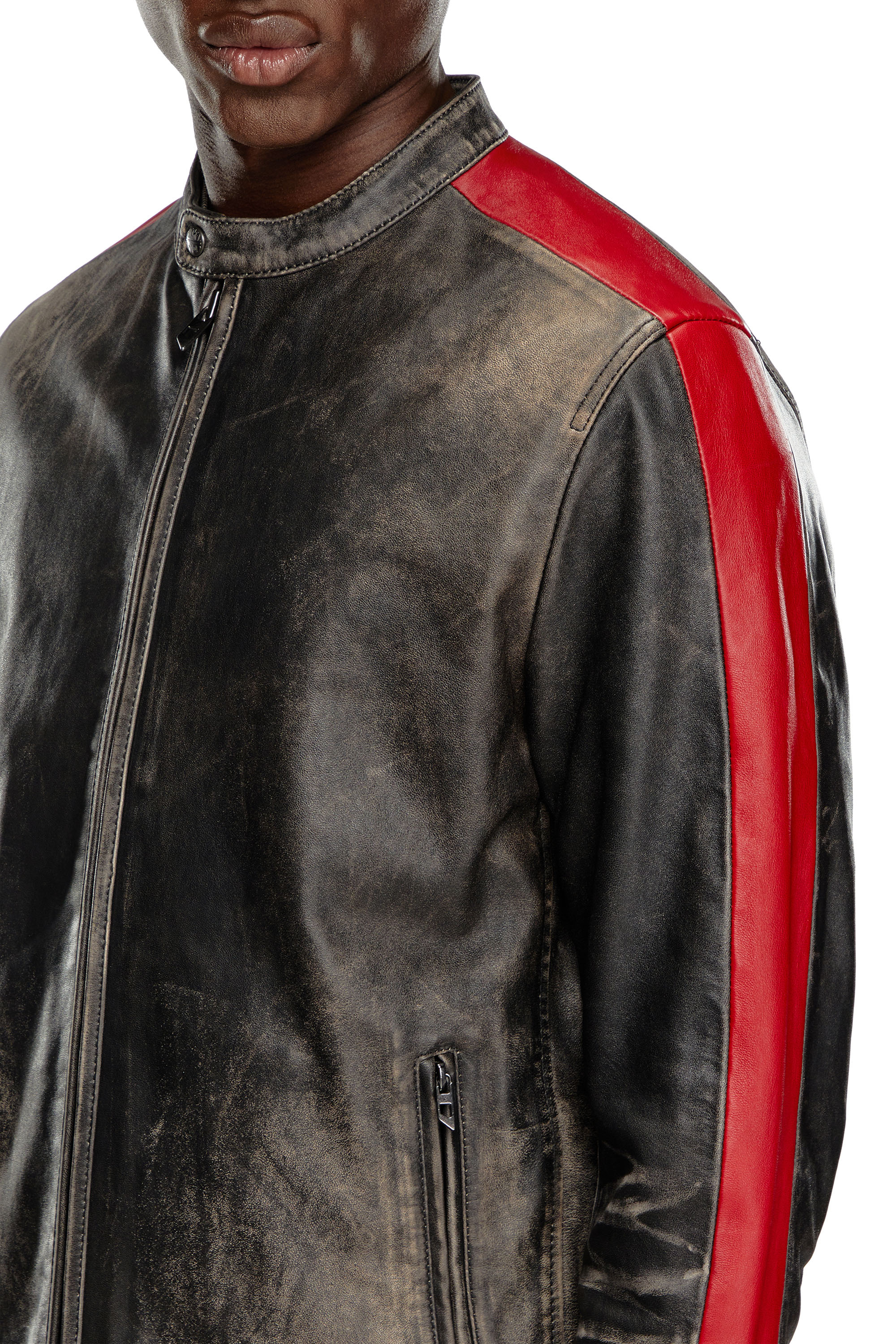 Diesel - L-RENN, Man's Leather jacket with contrasting stripes in Black/Red - 4