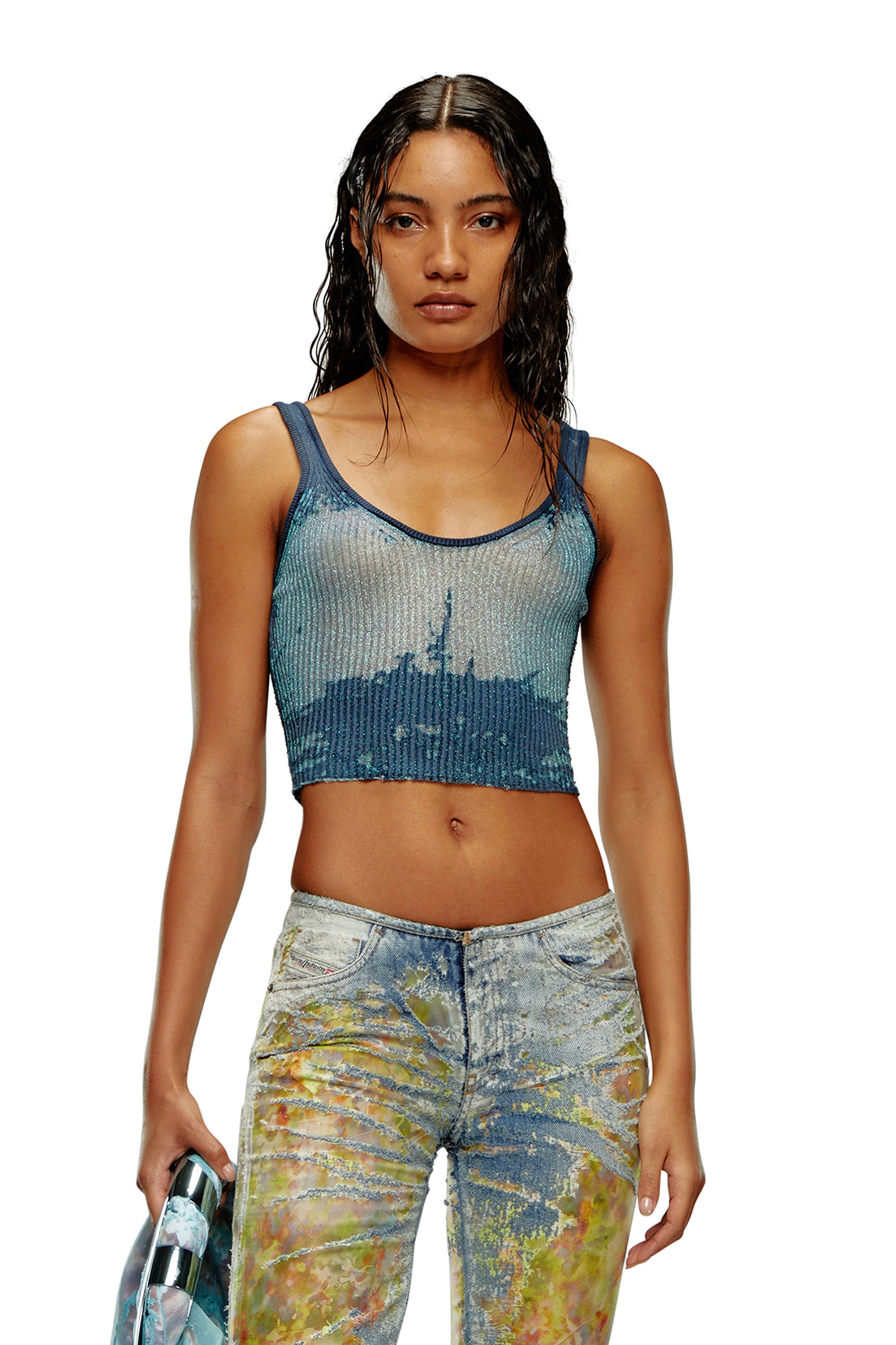 Diesel - M-DEIDRINA, Woman's Cropped top in devoré metallic knit in Blue - 1