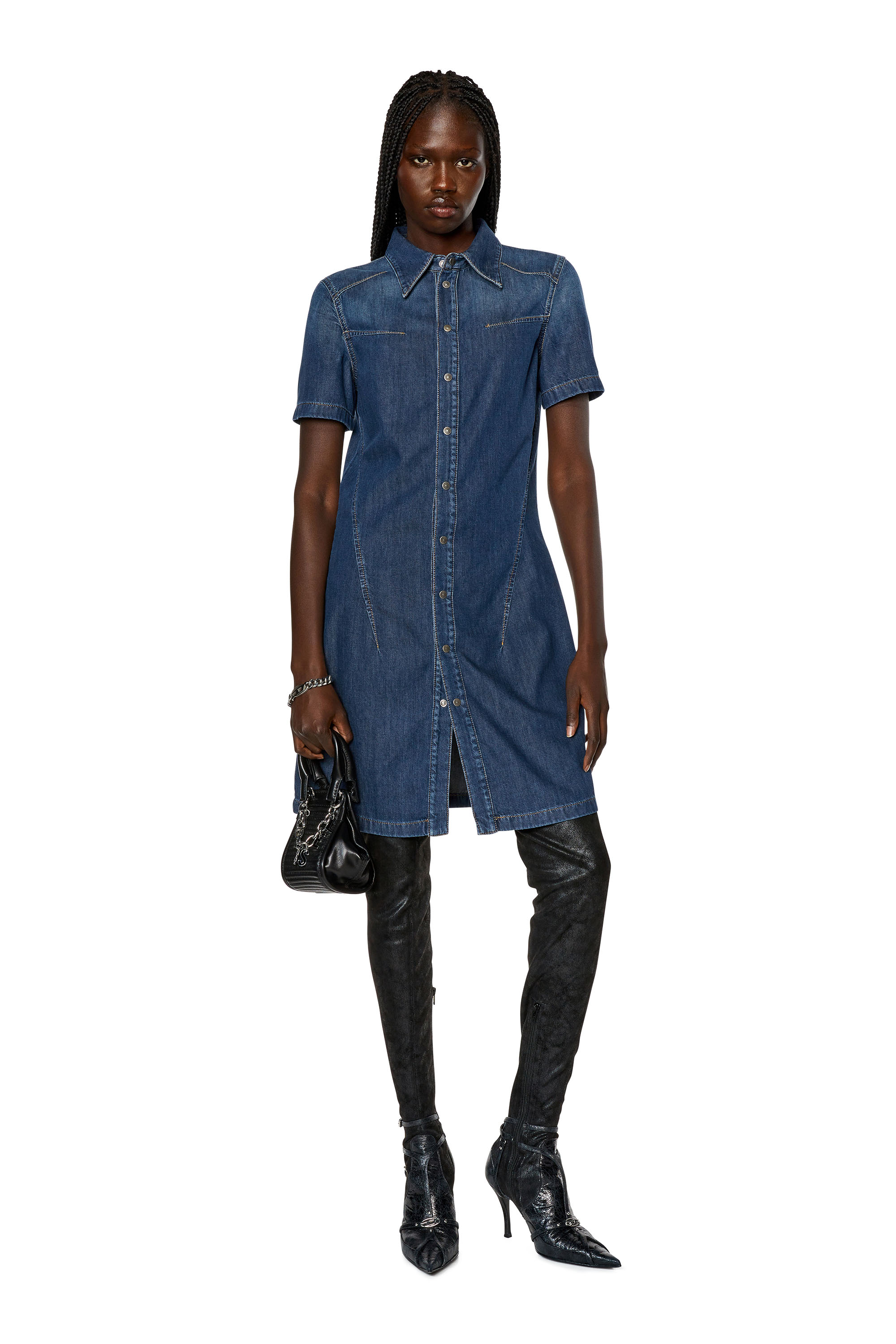 Diesel - DE-SHIRTY, Woman's Buttoned shirt dress in stretch denim in Dark Blue - 1