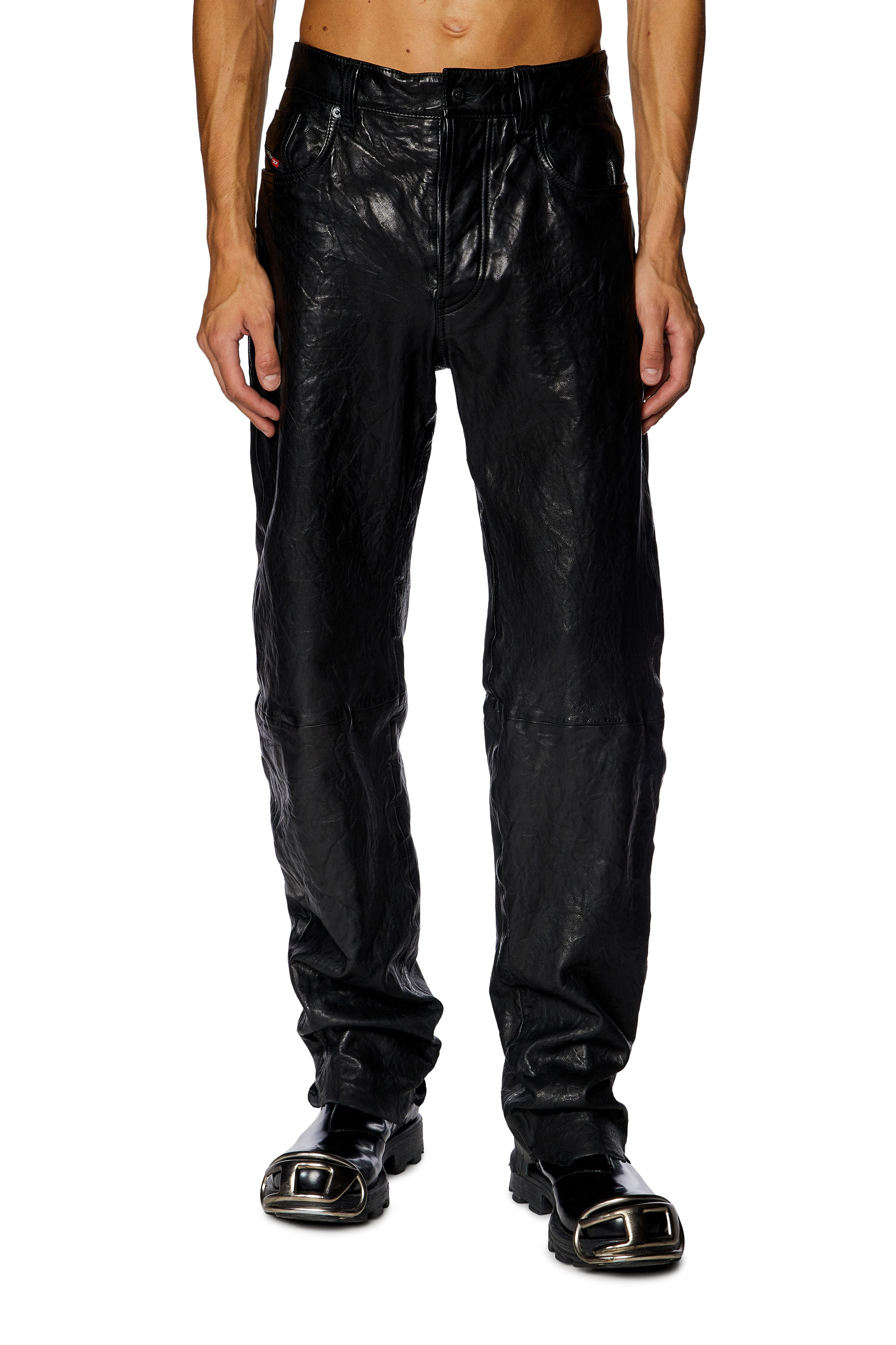 Diesel - P-MACS-LTH, Man's Textured waxed-leather pants in Black - 1