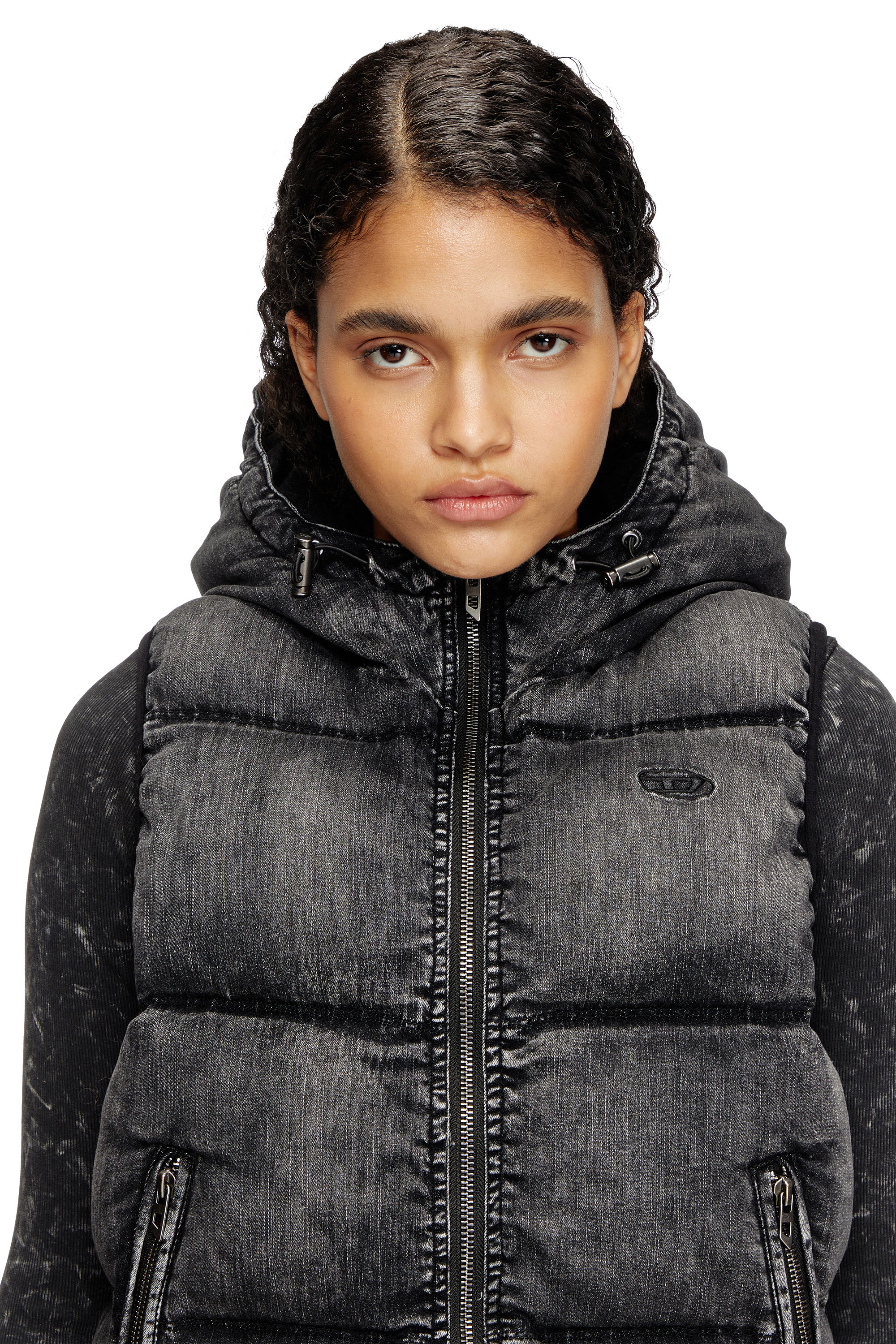 Diesel - W-HOPPER, Chaleco puffer con capucha en denim desteñido Mujer in Negro - 4