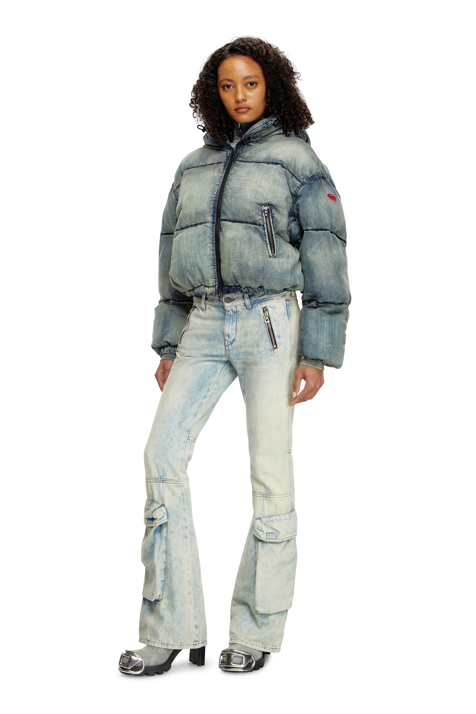 Diesel - W-AVES, Chaqueta puffer recortada con capucha de denim Mujer in Azul marino - 2