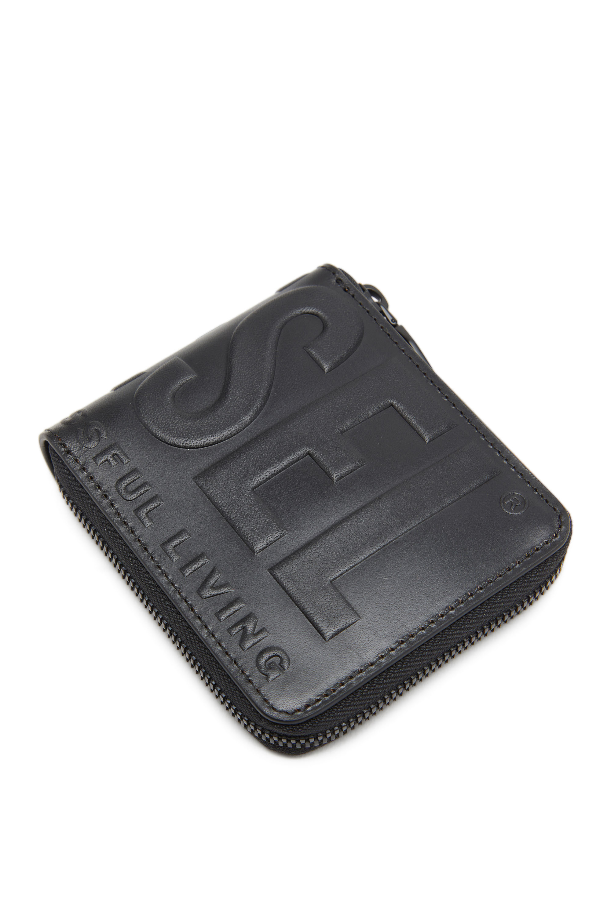 Diesel - DSL 3D BI-FOLD COIN ZIP XS, Cartera de cuero que se pliega por la mitad con logotipo en relieve Hombre in Negro - 4