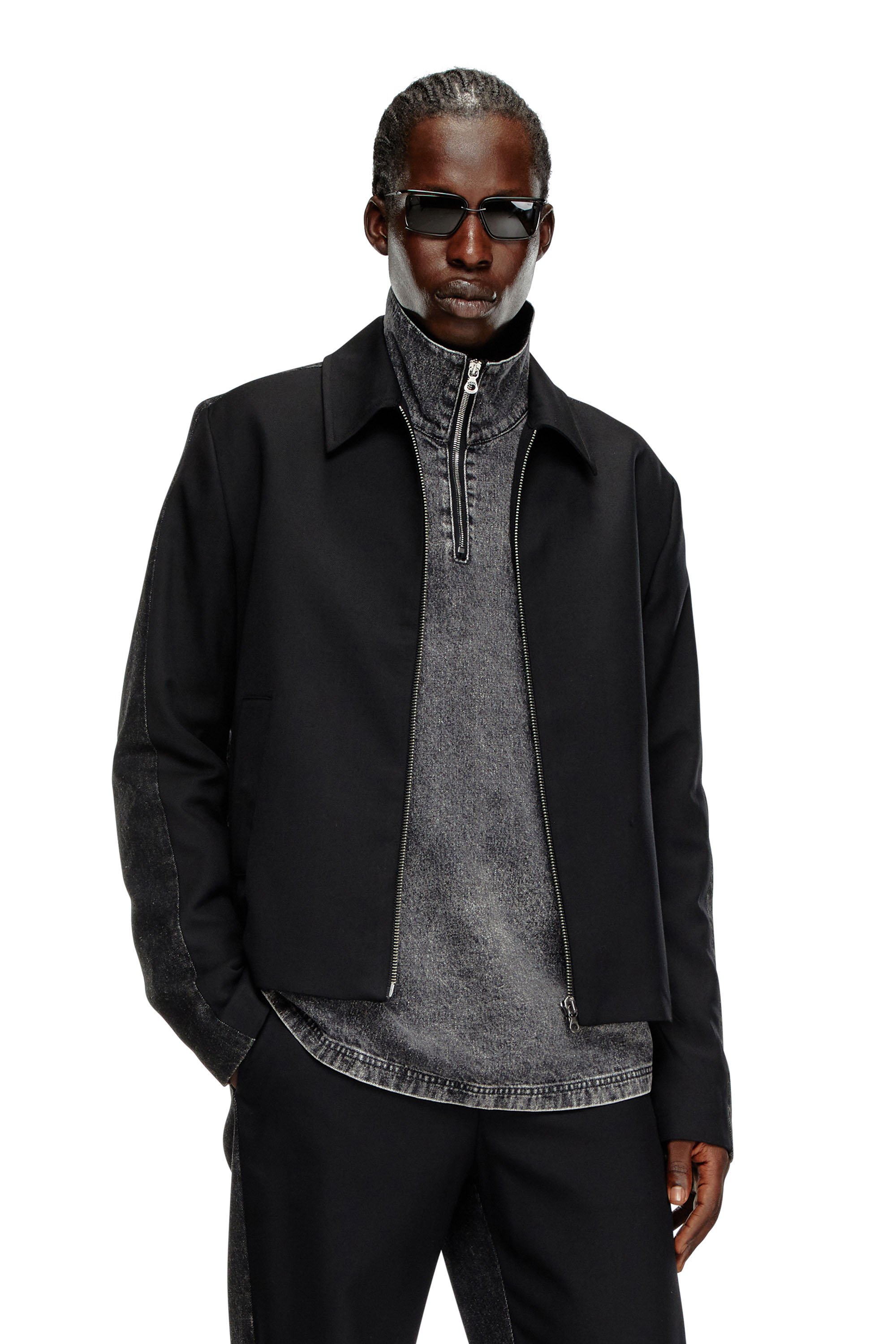 Diesel - J-RHEIN, Man's Blouson jacket in wool blend and denim in Black - 1