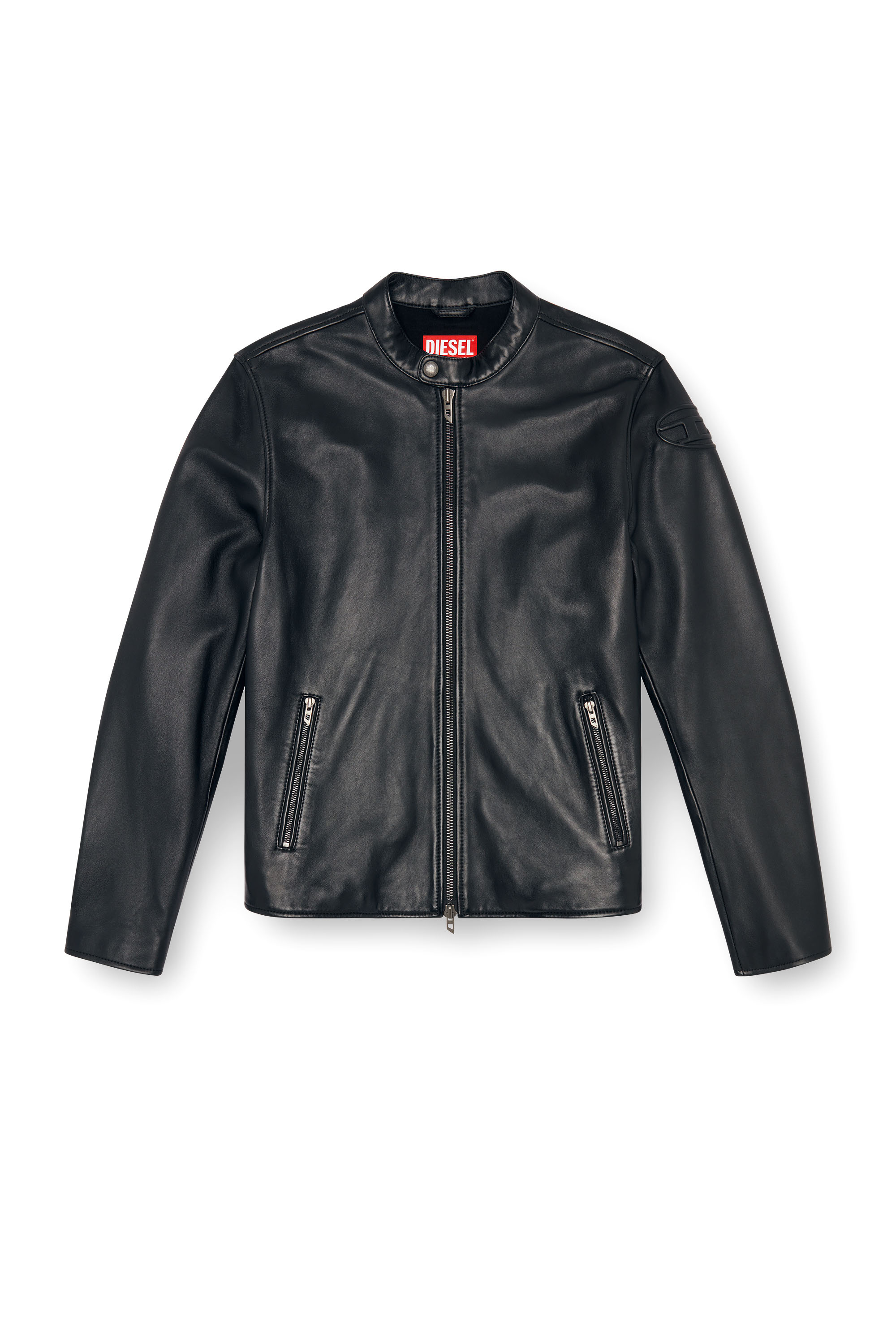 Diesel - L-CARVER, Man's Leather biker jacket with embossed logo in Black - 5